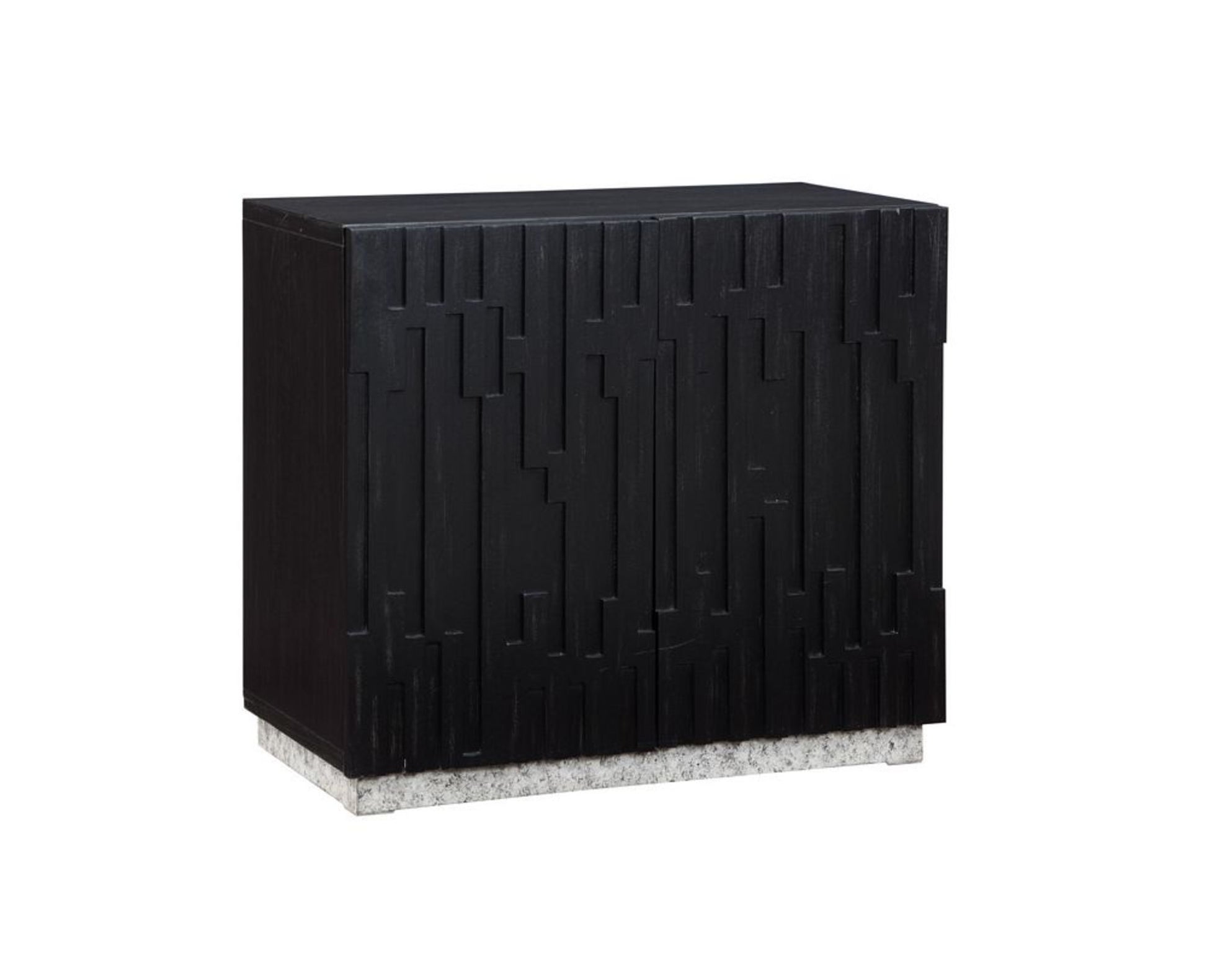 Geometric Black Wooden Carved Abstract 2 Door Room Cabinet with White Textured Block Base