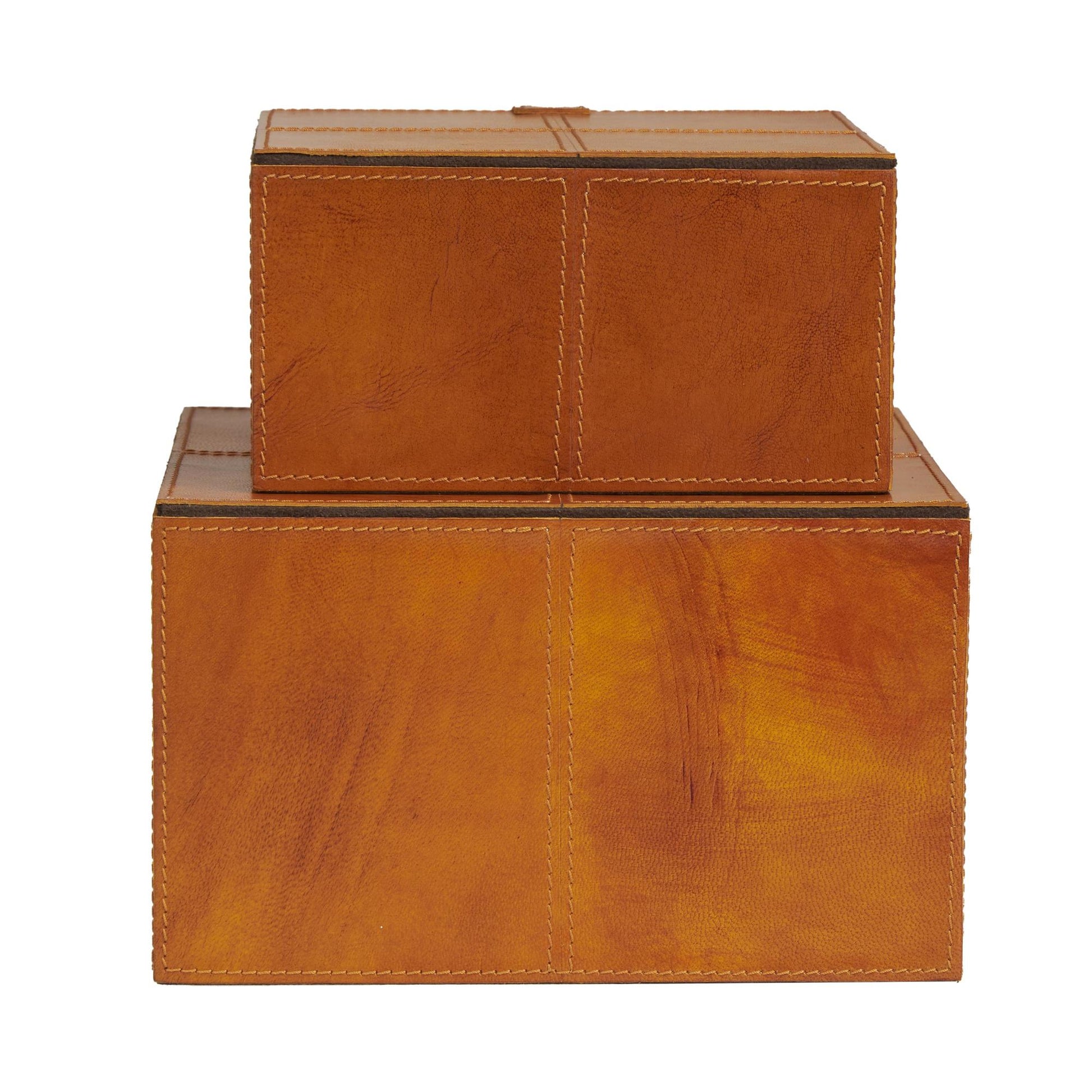 Set of 2 Leather Handmade Storage Decorative Box with Snap Front Closure and Detailed Stitching