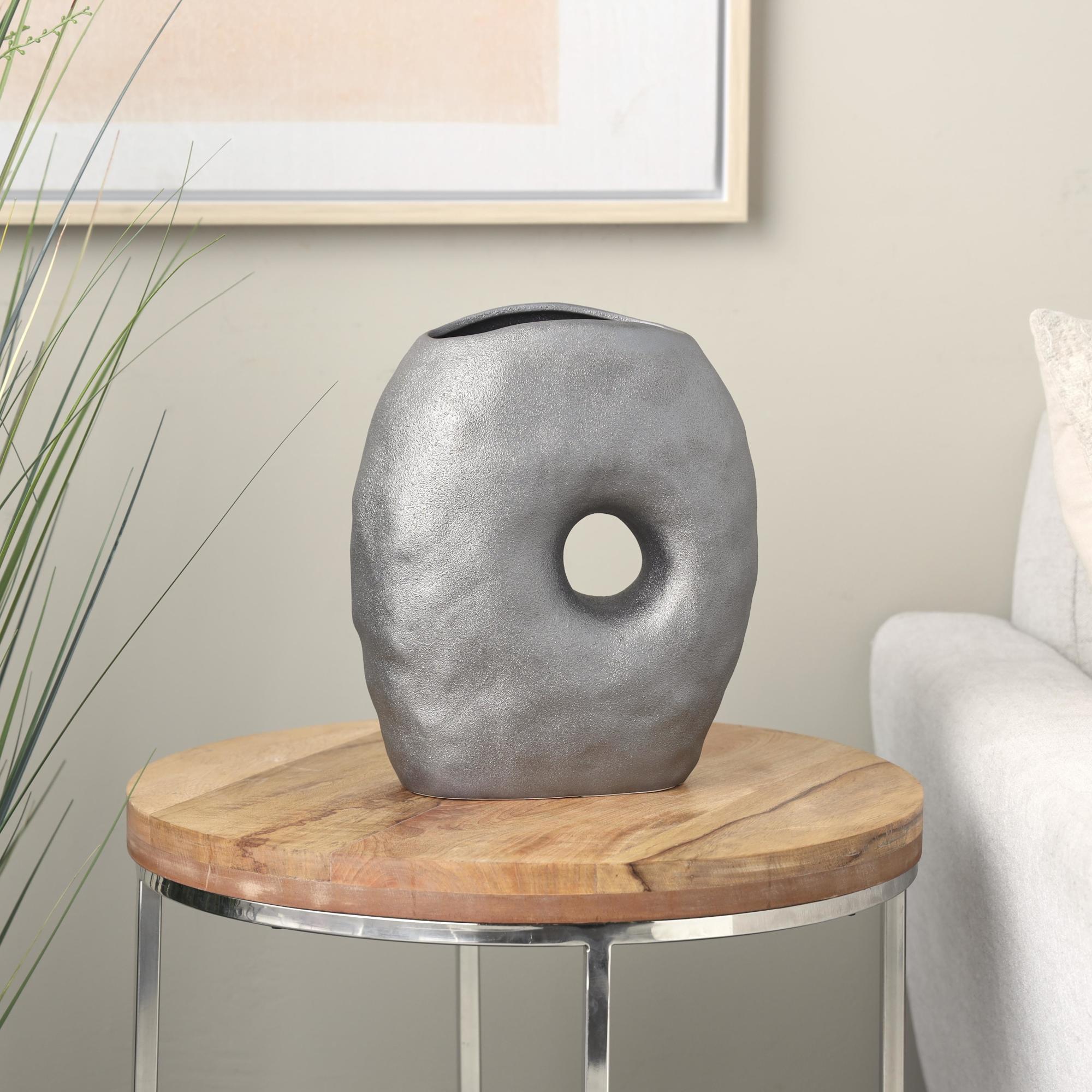 Abstract Gray Ceramic Wavy Donut Decorative Vase with Cutout Center