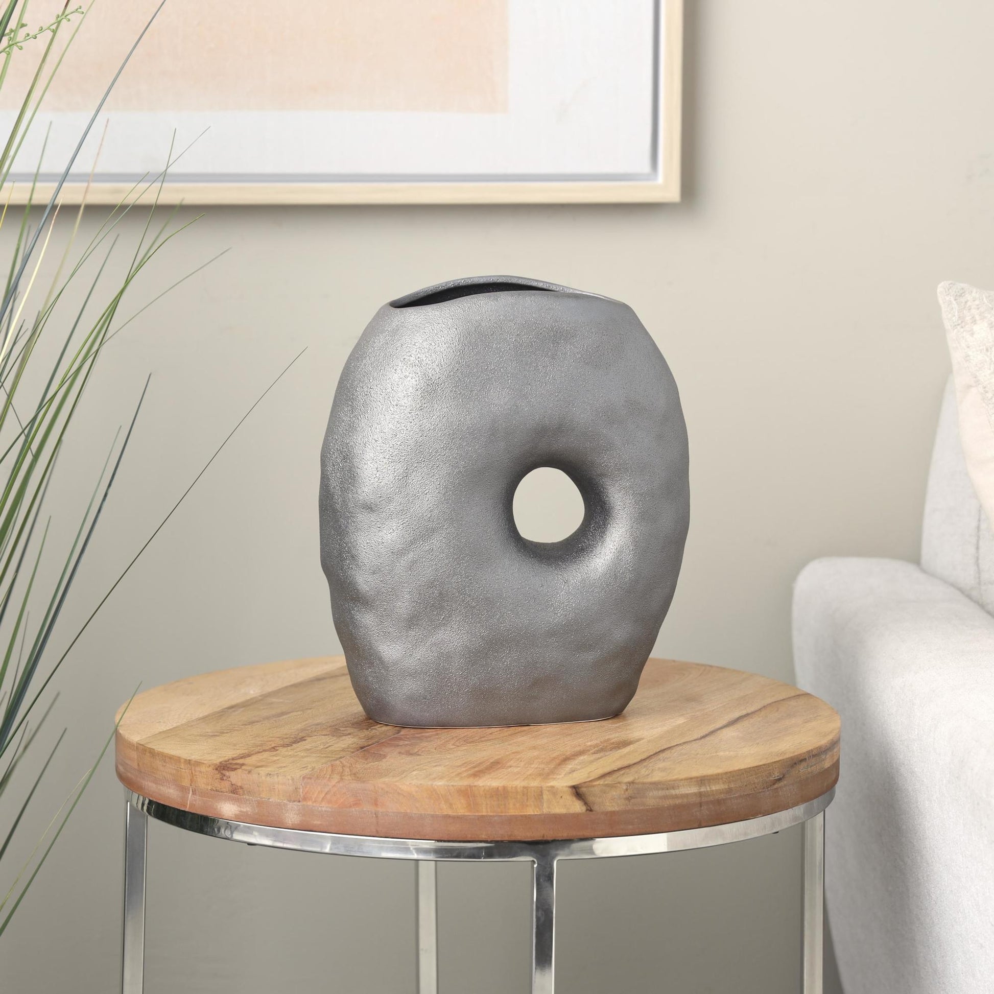 Abstract Gray Ceramic Wavy Donut Decorative Vase with Cutout Center