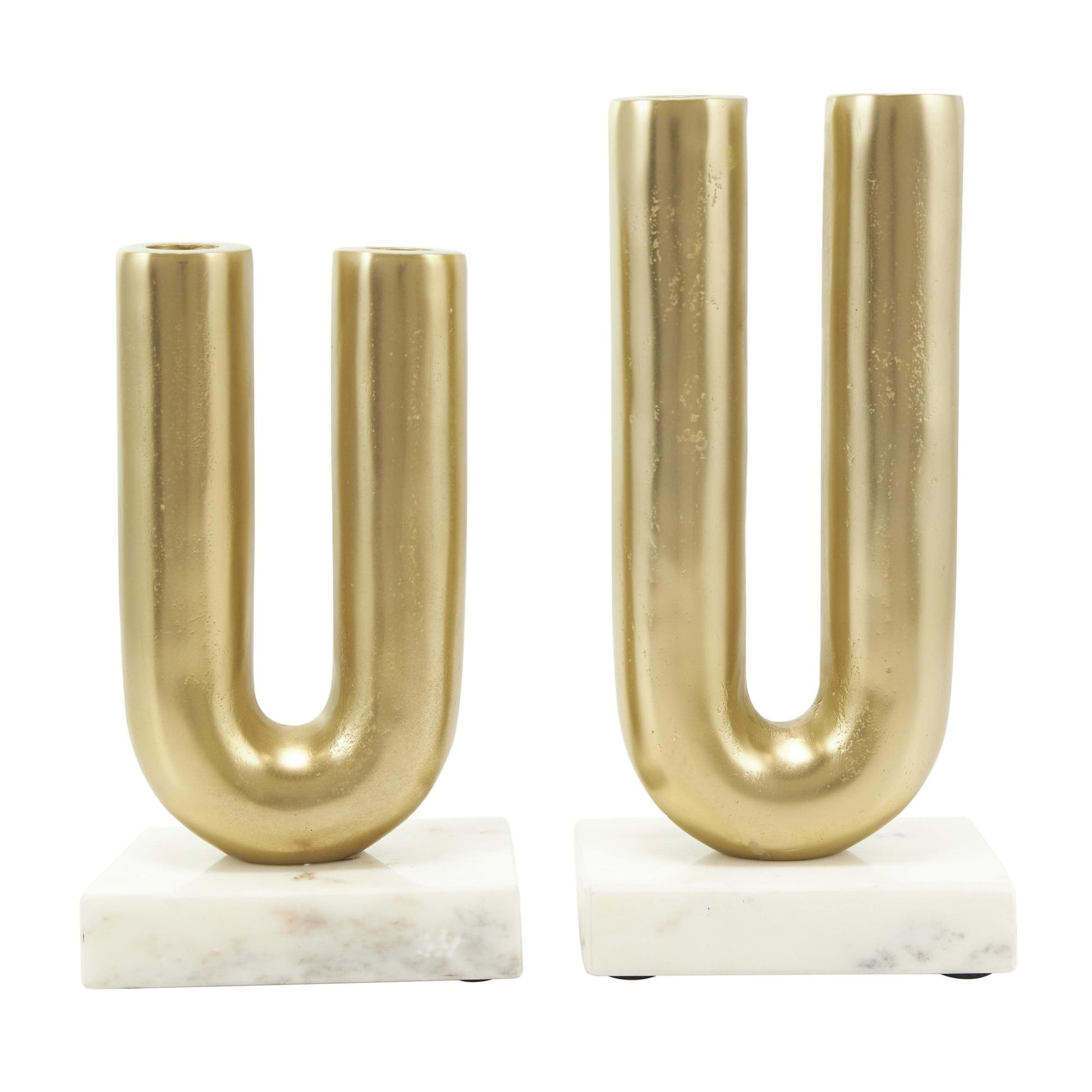Set of 2 Geometric Aluminum Metal U-Shaped Decorative Candle Holder with Marble Bases