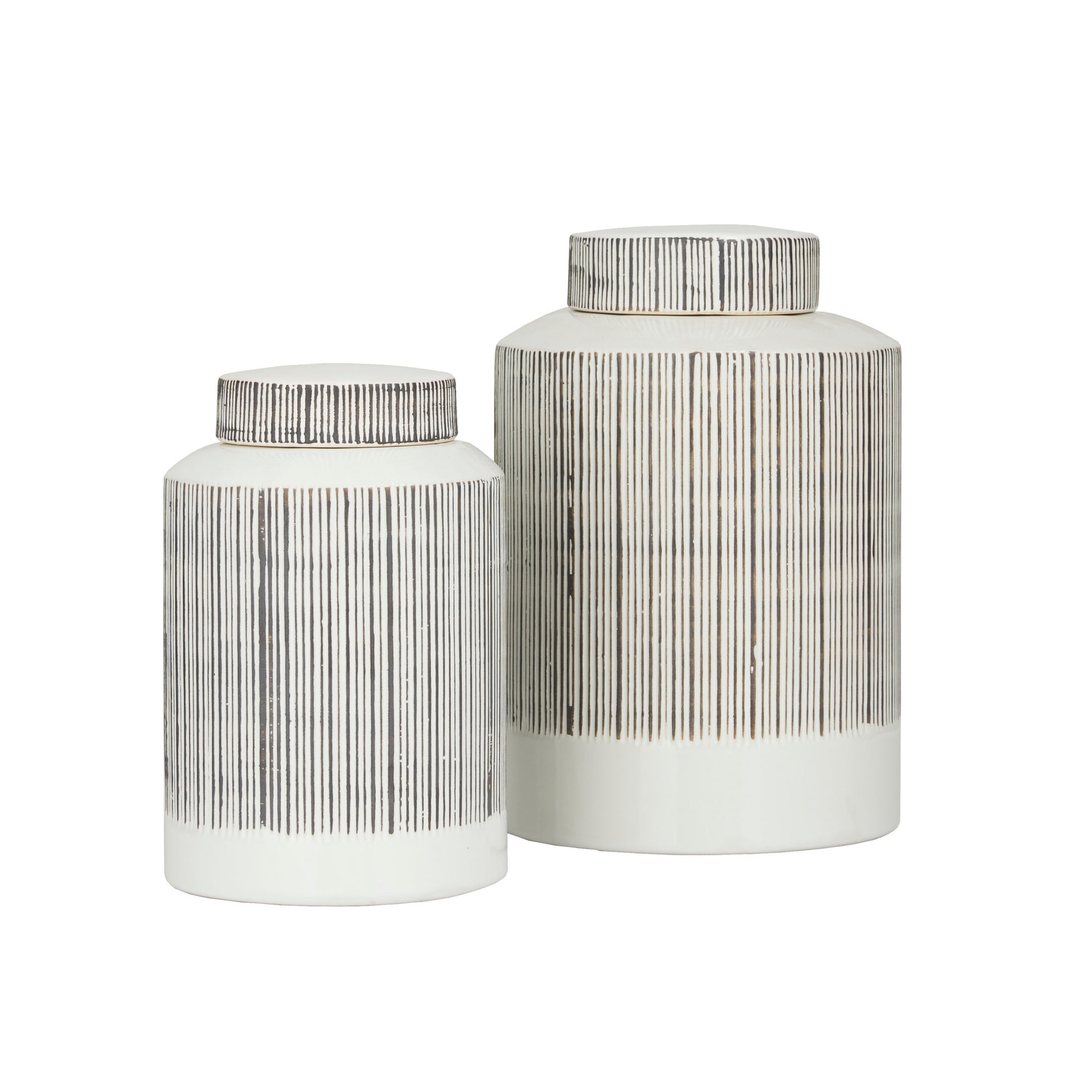 CosmoLiving by Cosmopolitan Set of 2 White Ceramic Striped Living Room Decorative Jars
