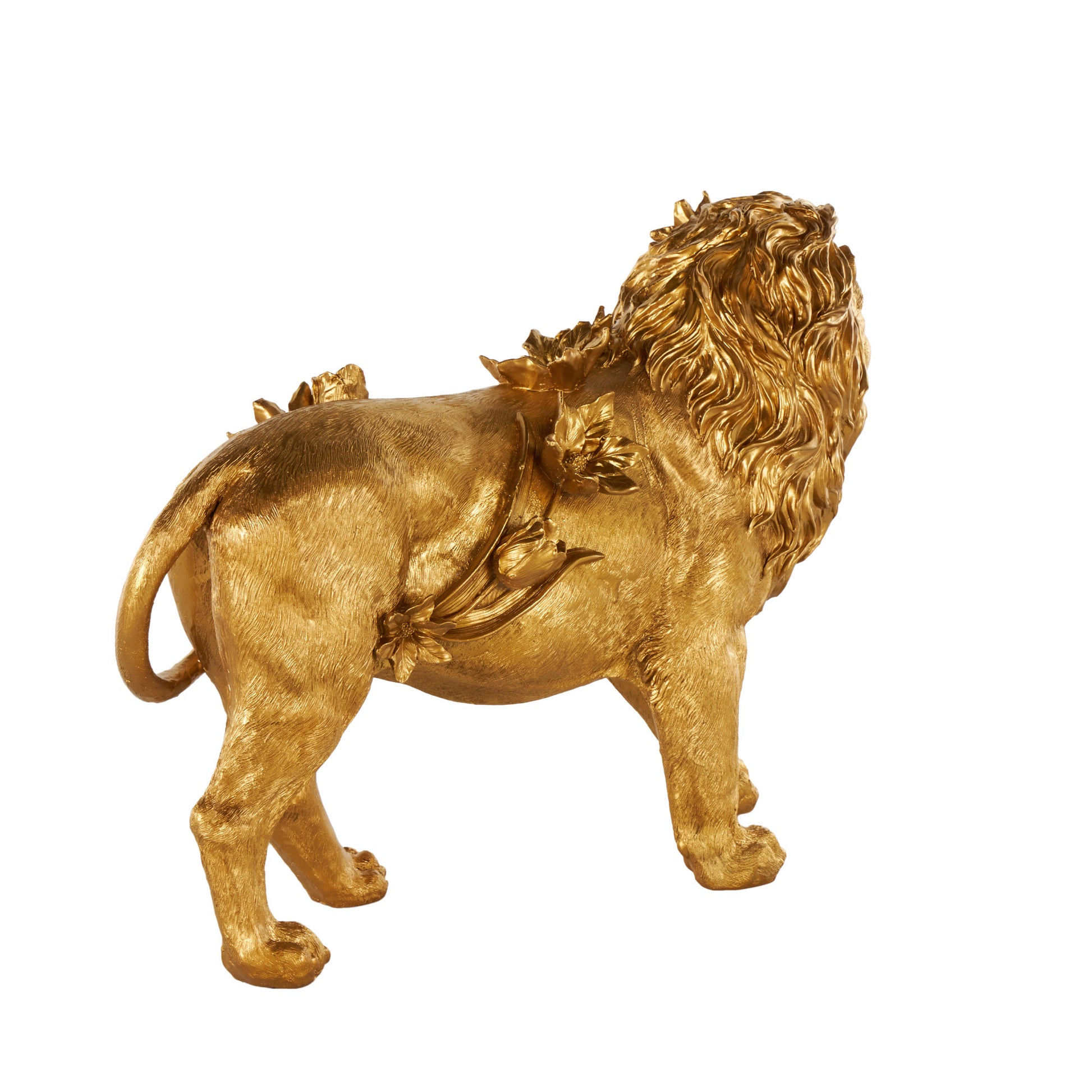 Lion Gold Resin Walking Decorative Sculpture with Floral Accents