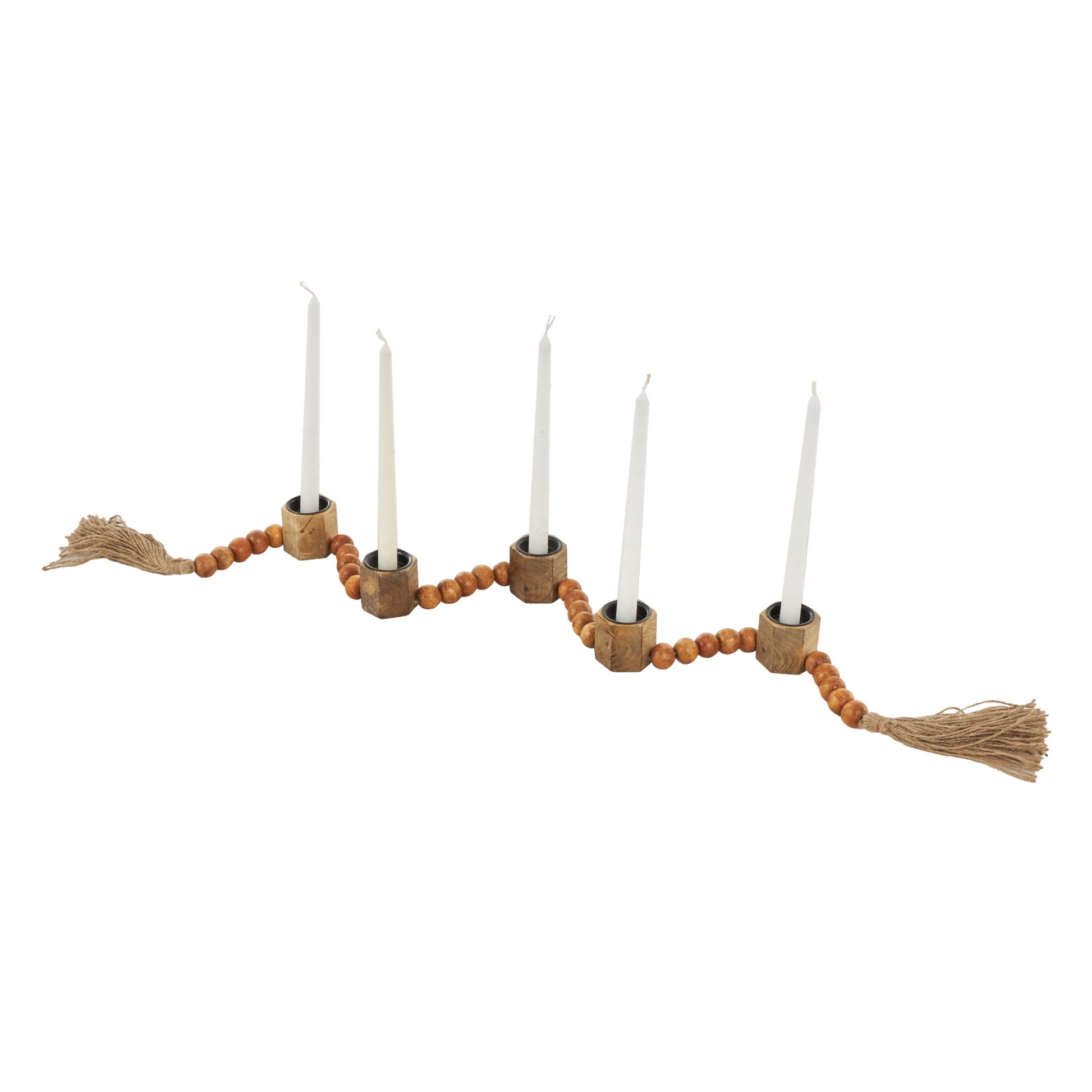 Mango Wood Garland Decorative Candle Holder with Brown Tassel