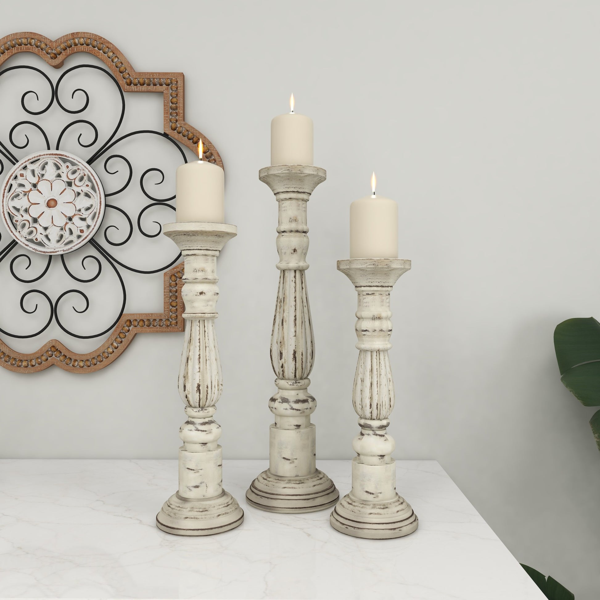 Set of 3 White Mango Wood Tall Distressed Turned Decorative Candle Holder