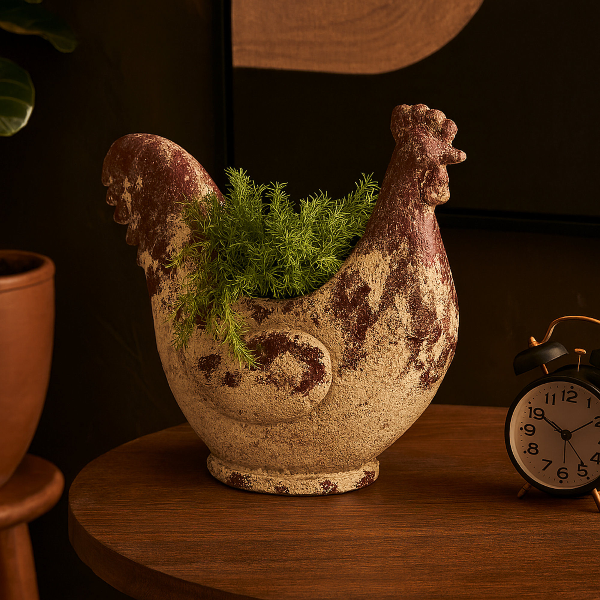 Rooster White Magnesium Oxide Indoor Outdoor Planter with Rust Colored Distressed Details