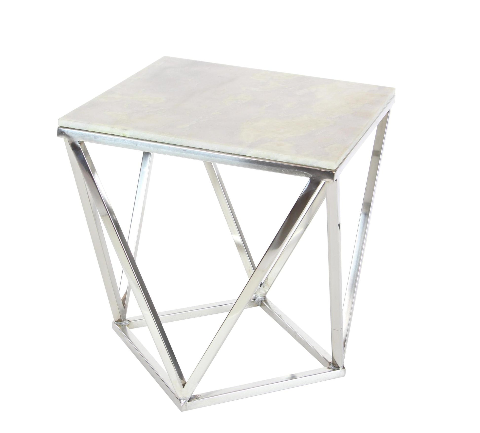 Geometric Silver Stainless Steel Metal Side End Accent Table with Marble Top