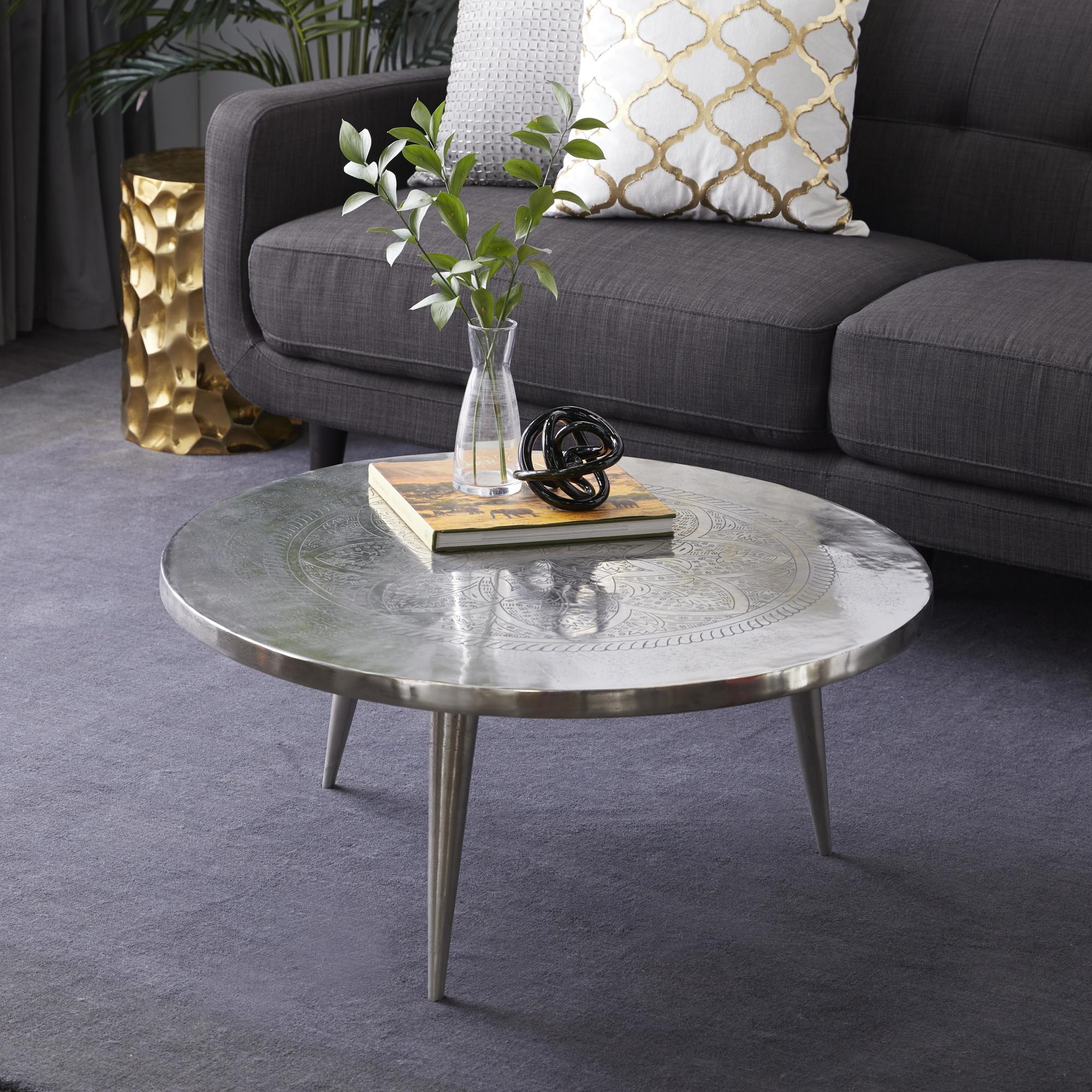 Floral Silver Aluminum Metal Engraved Living Room Coffee Table with Tripod Legs