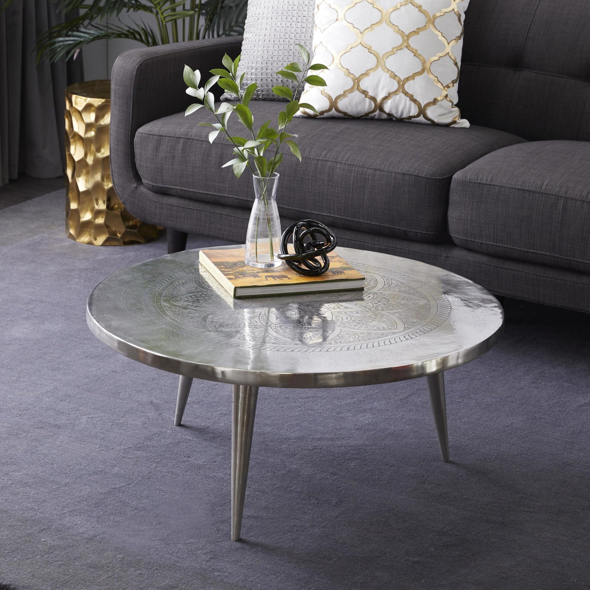 Floral Silver Aluminum Metal Engraved Living Room Coffee Table with Tripod Legs