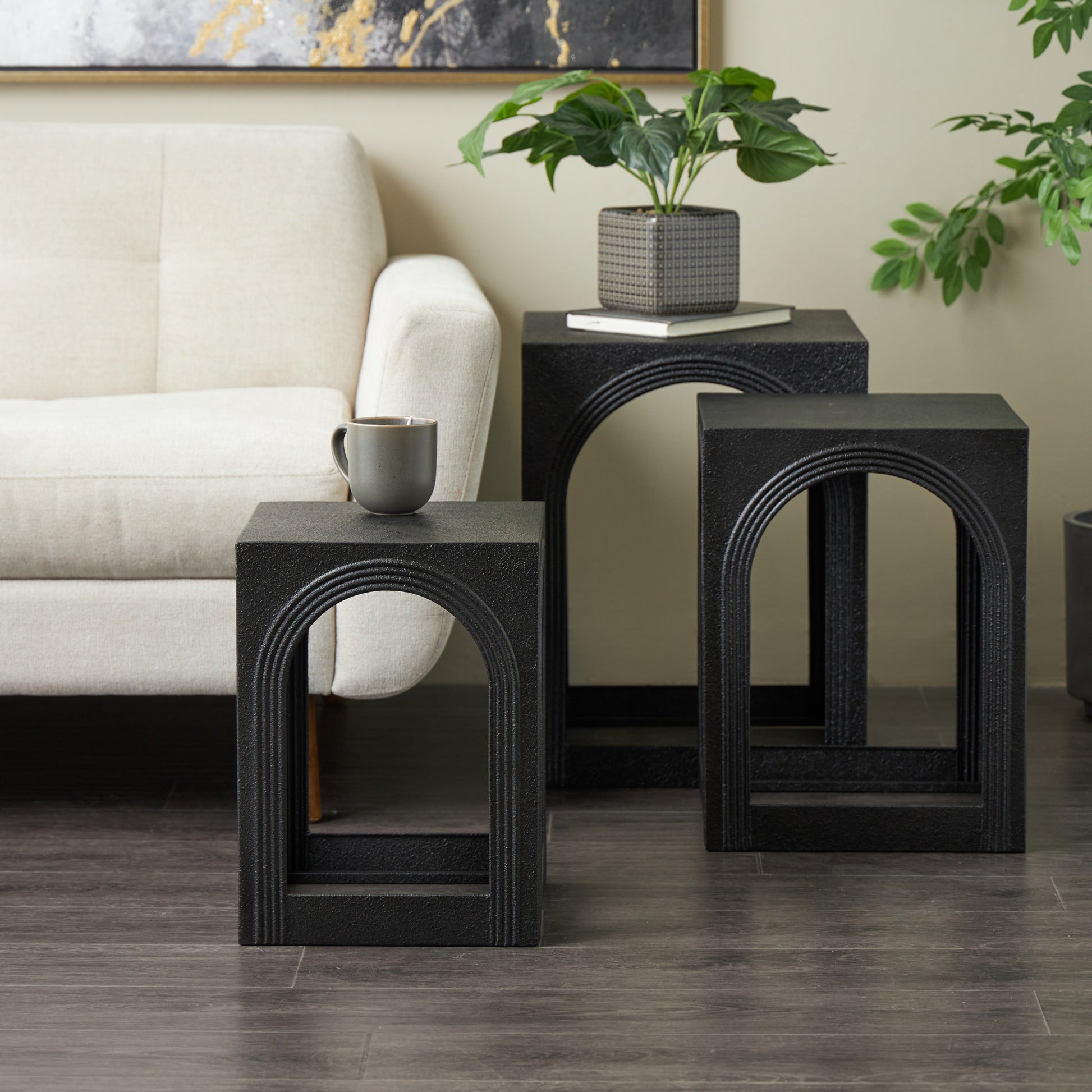 Set of 3 Black Metal Nested Side End Accent Table with Arched Cutouts