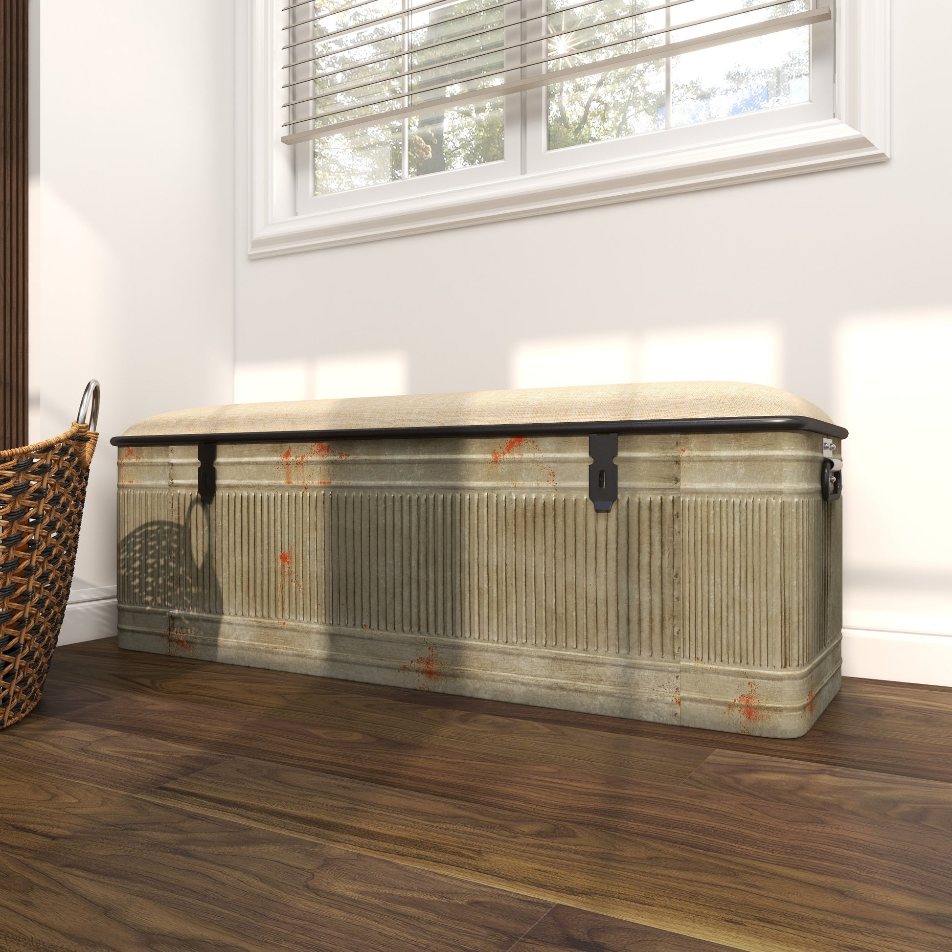 Gray Metal Galvanized Room Storage Bench with Cream Burlap Top and Black Latches
