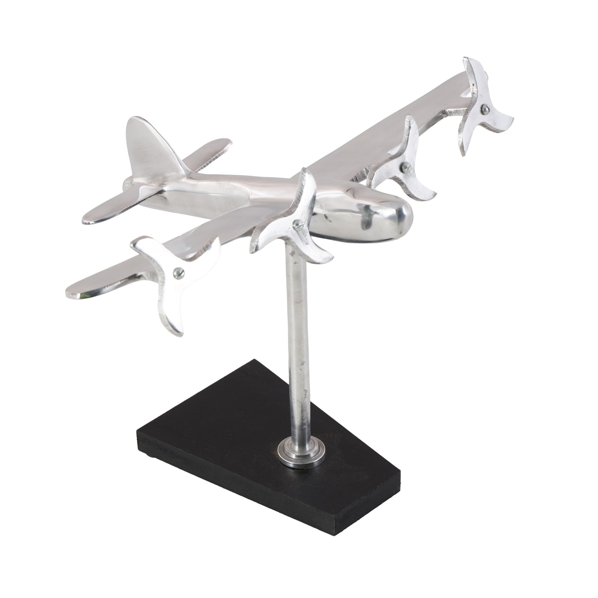 Airplane Silver Aluminum Metal Decorative Sculpture with Black Base
