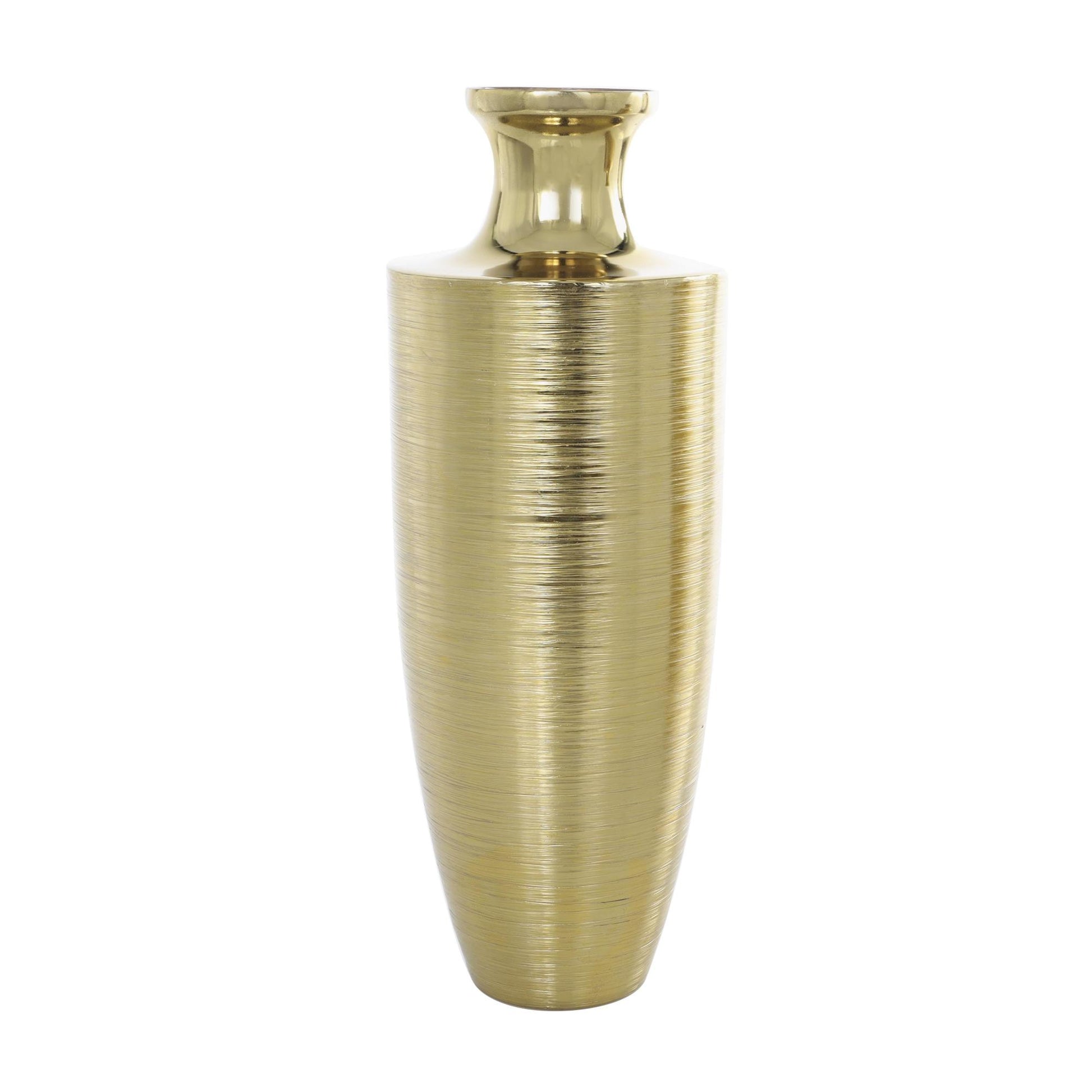 Set of 2 Gold Aluminum Metal Brushed Textured Decorative Vase