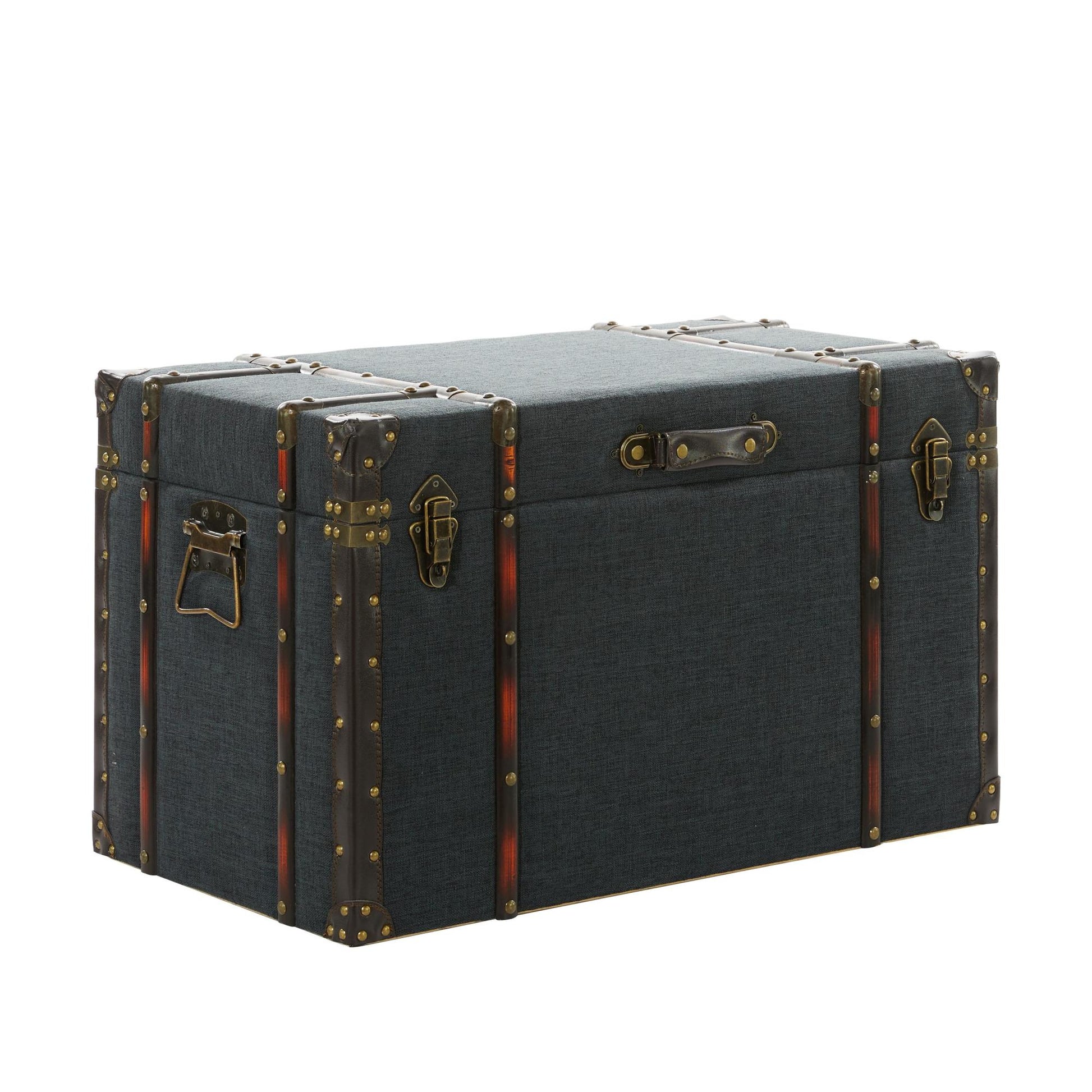 Set of 3 Blue Linen Fabric Nesting Upholstered Decorative Trunk with Buckle Hinged Top