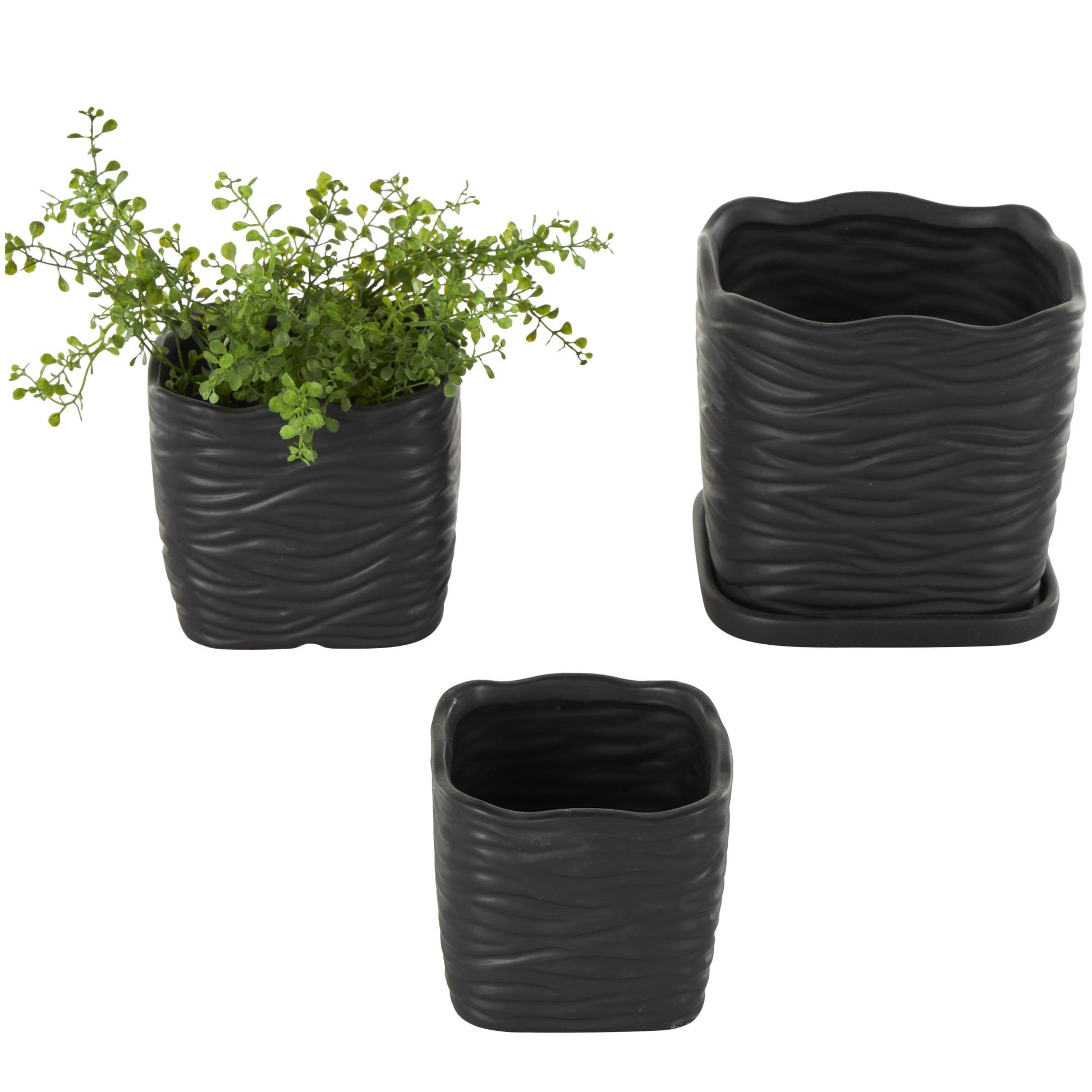 Set of 3 Ceramic Wavy Ribbed Indoor Outdoor Planter with Attached Saucer