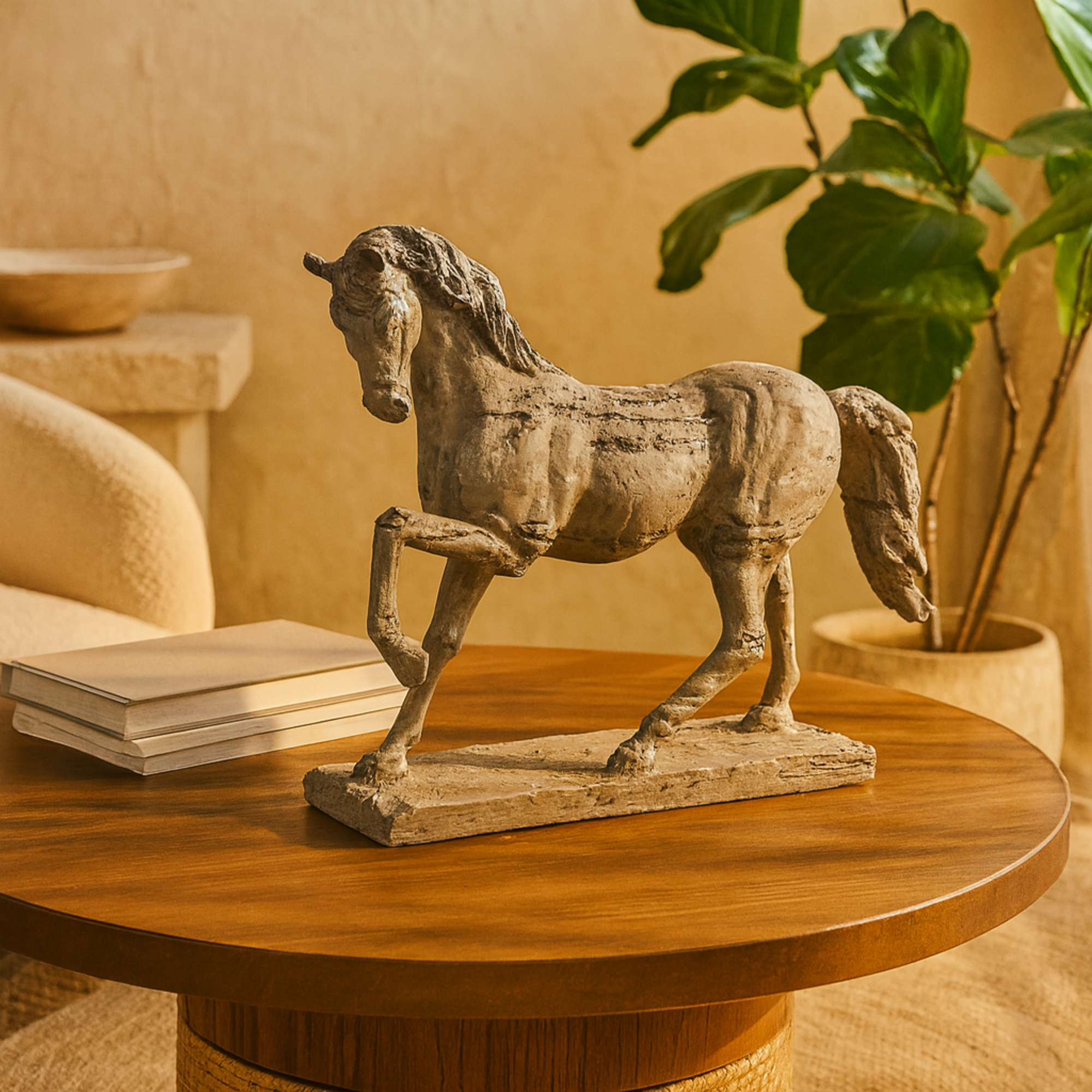 Horse Beige Polyresin Prancing Decorative Sculpture