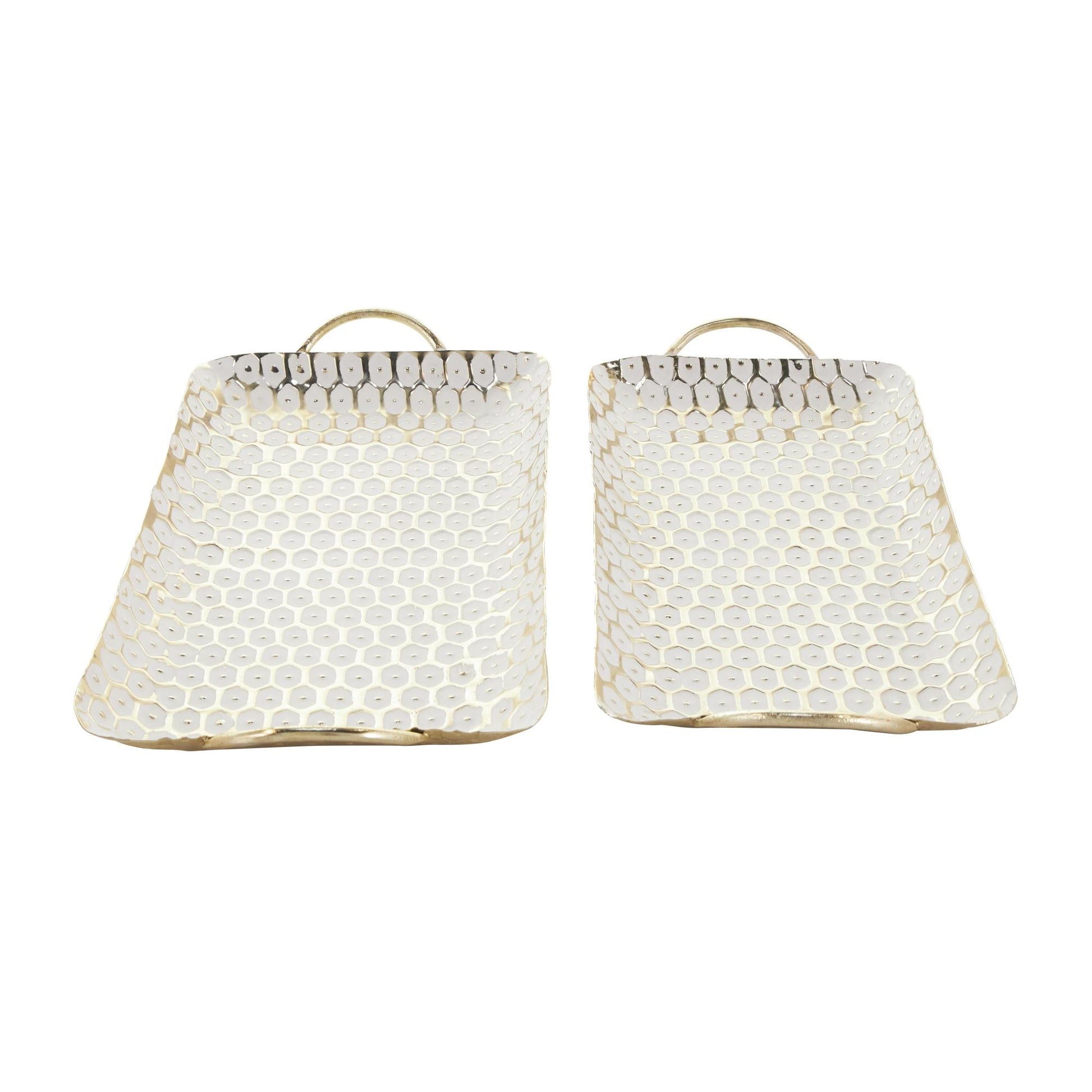 Set of 2 Geometric Gold Metal Geometric Dot Living Room Decor Tray with White Accents