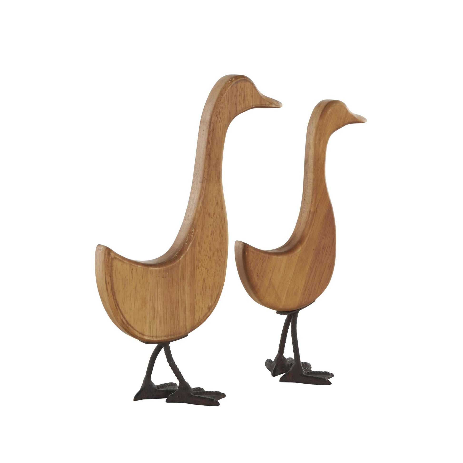 Set of 2 Duck Brown Wood Abstract Decorative Garden Sculpture with Black Metal Feet