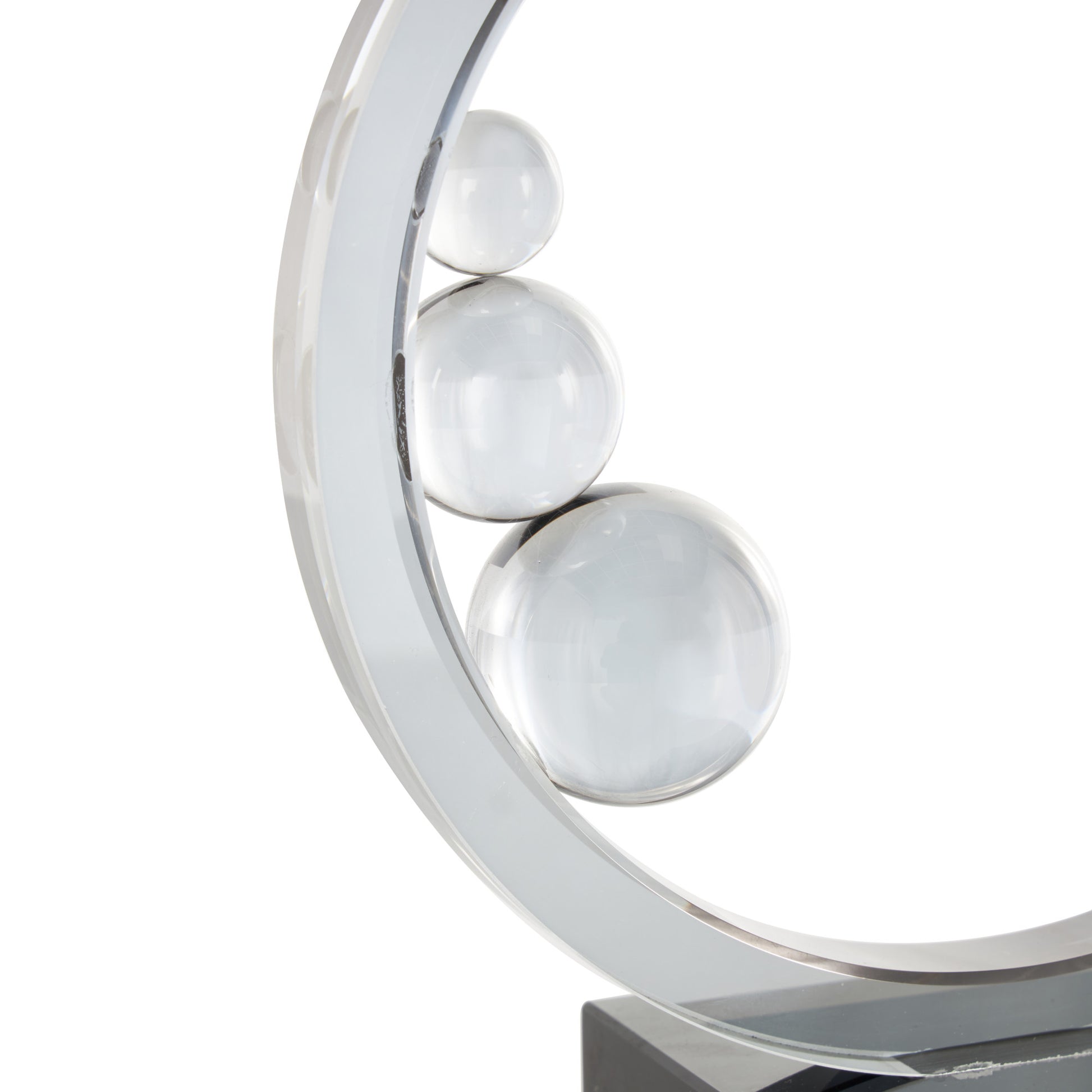 Abstract Clear Glass Ring Decorative Sculpture with Clear Orbs and Black Square Base