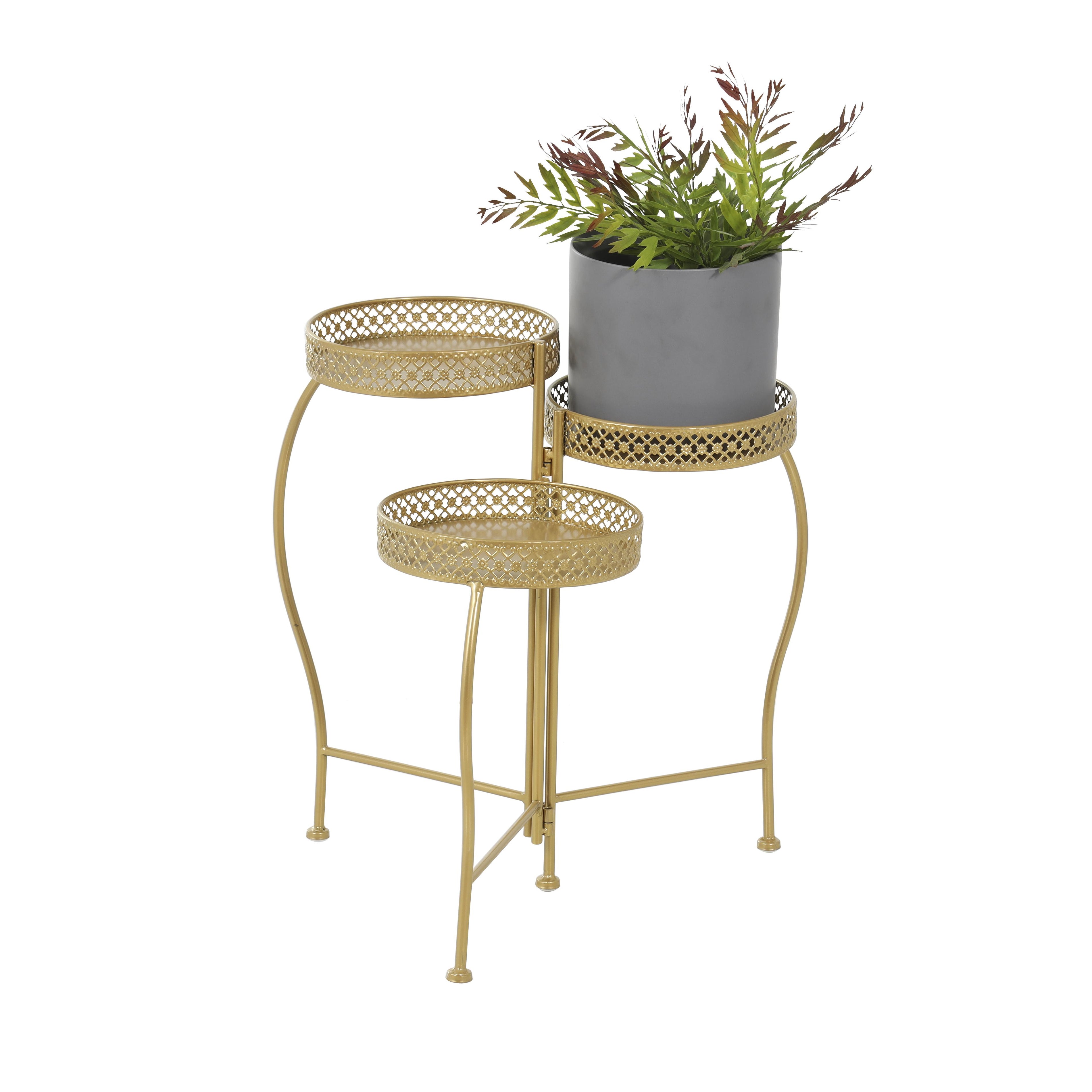 Metal Curved Folding 3 Tier Indoor Outdoor Plantstand with Floral and Scroll Patterns