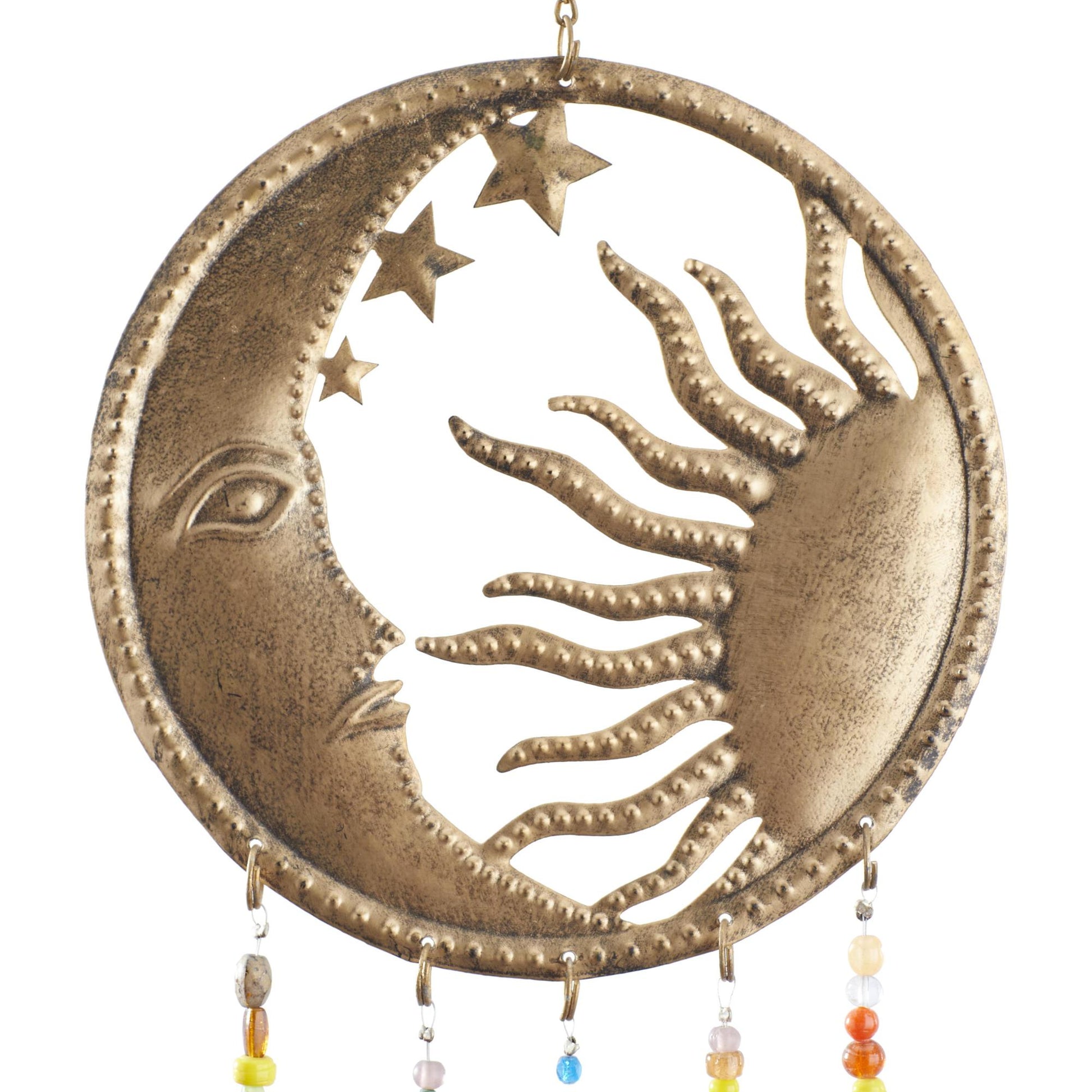 Sun and Moon Brass Metal Handmade Indoor Outdoor Windchime with Glass Beads and Bells