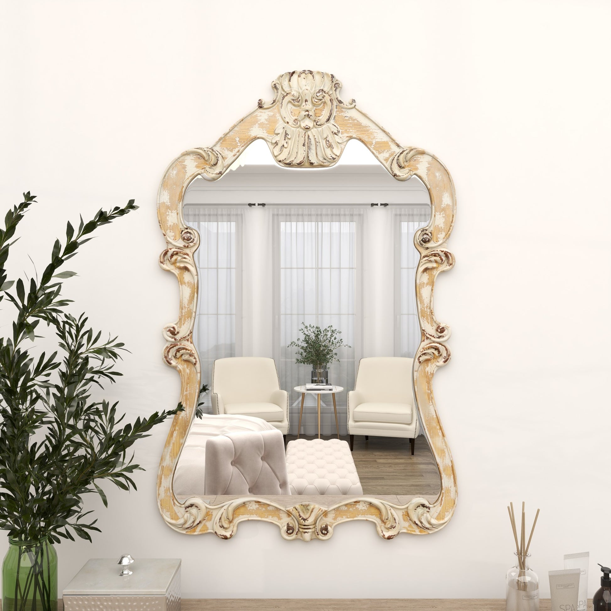 Scroll Cream Wood Distressed Vintage Carved Acanthus Room Wall Mirror