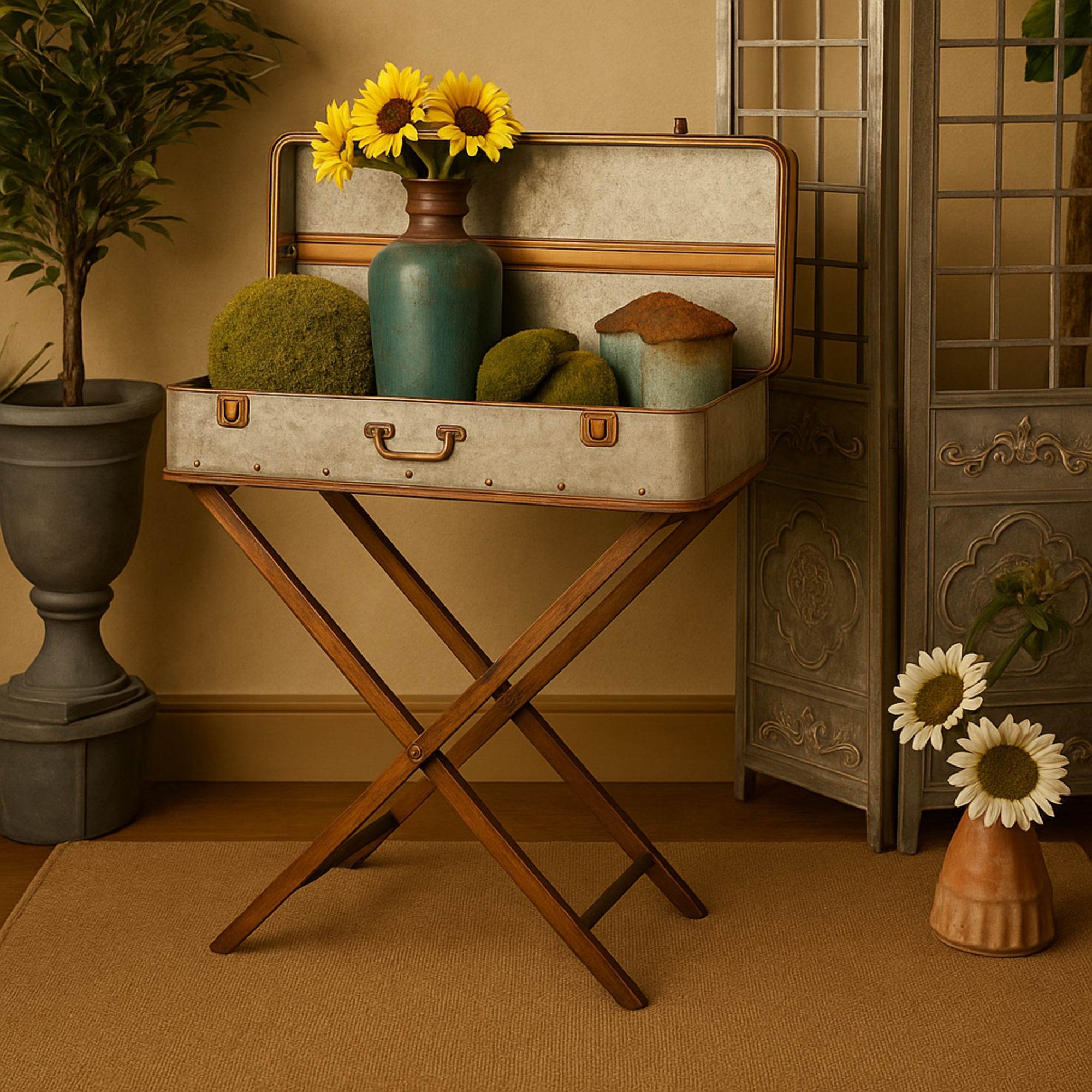 Gray Metal Side End Accent Table with Suitcase Style Top