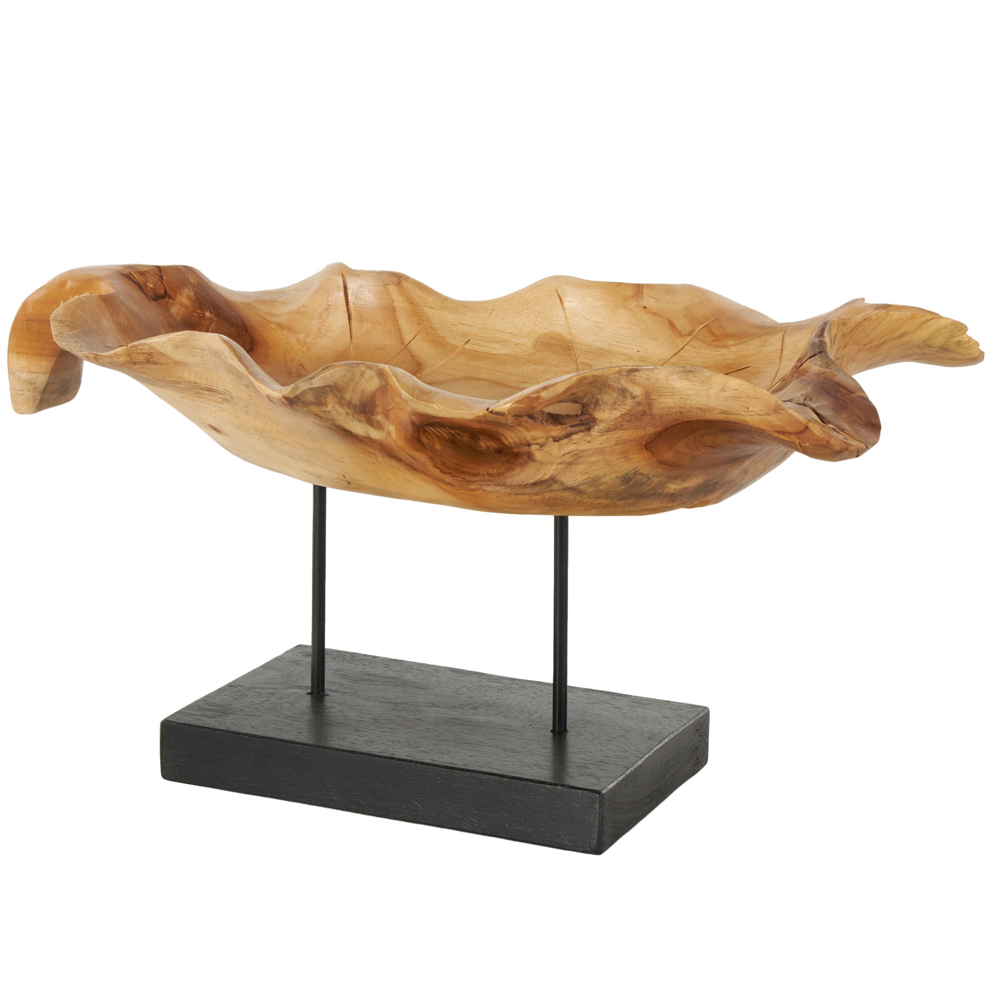 Leaf Brown Teak Wood Floating Decorative Sculpture with Black Stand and Base