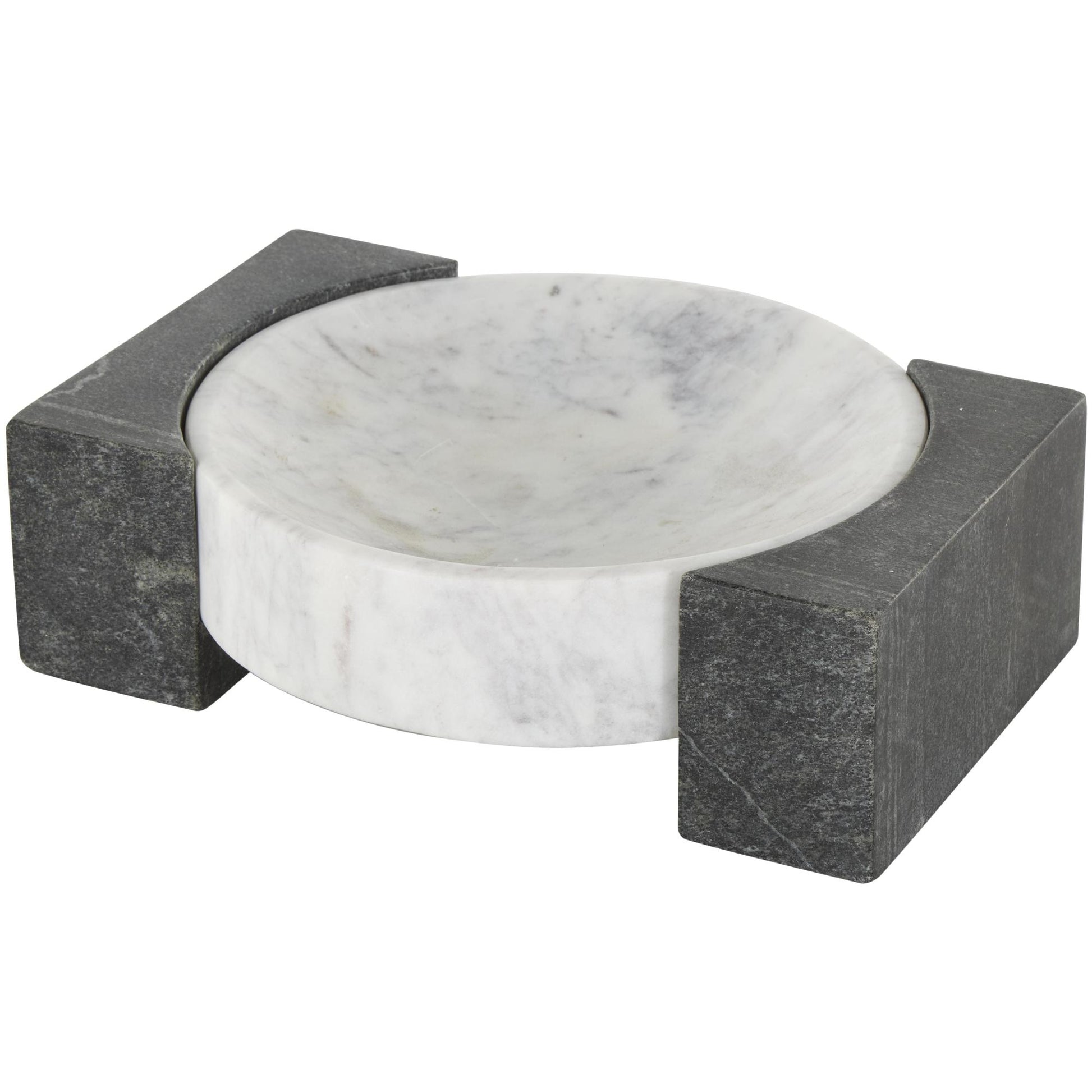 Geometric White Marble Round Living Room Decor Tray with Black Rectangular Blocks