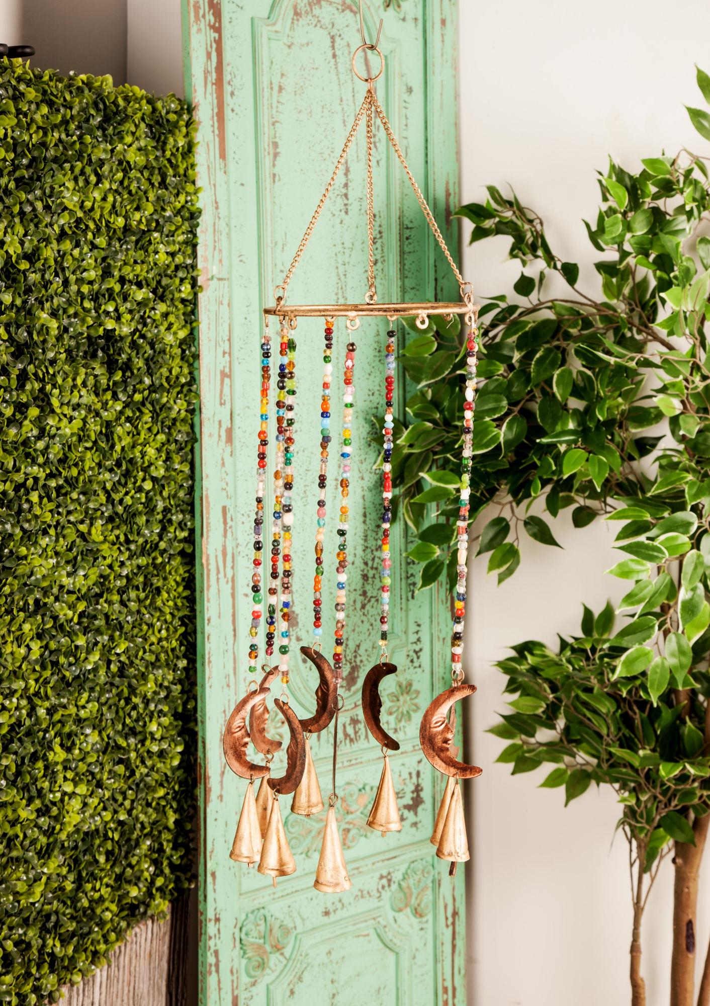 Moon Gold Metal Indoor Outdoor Windchime with Glass Beads and Cone Bells