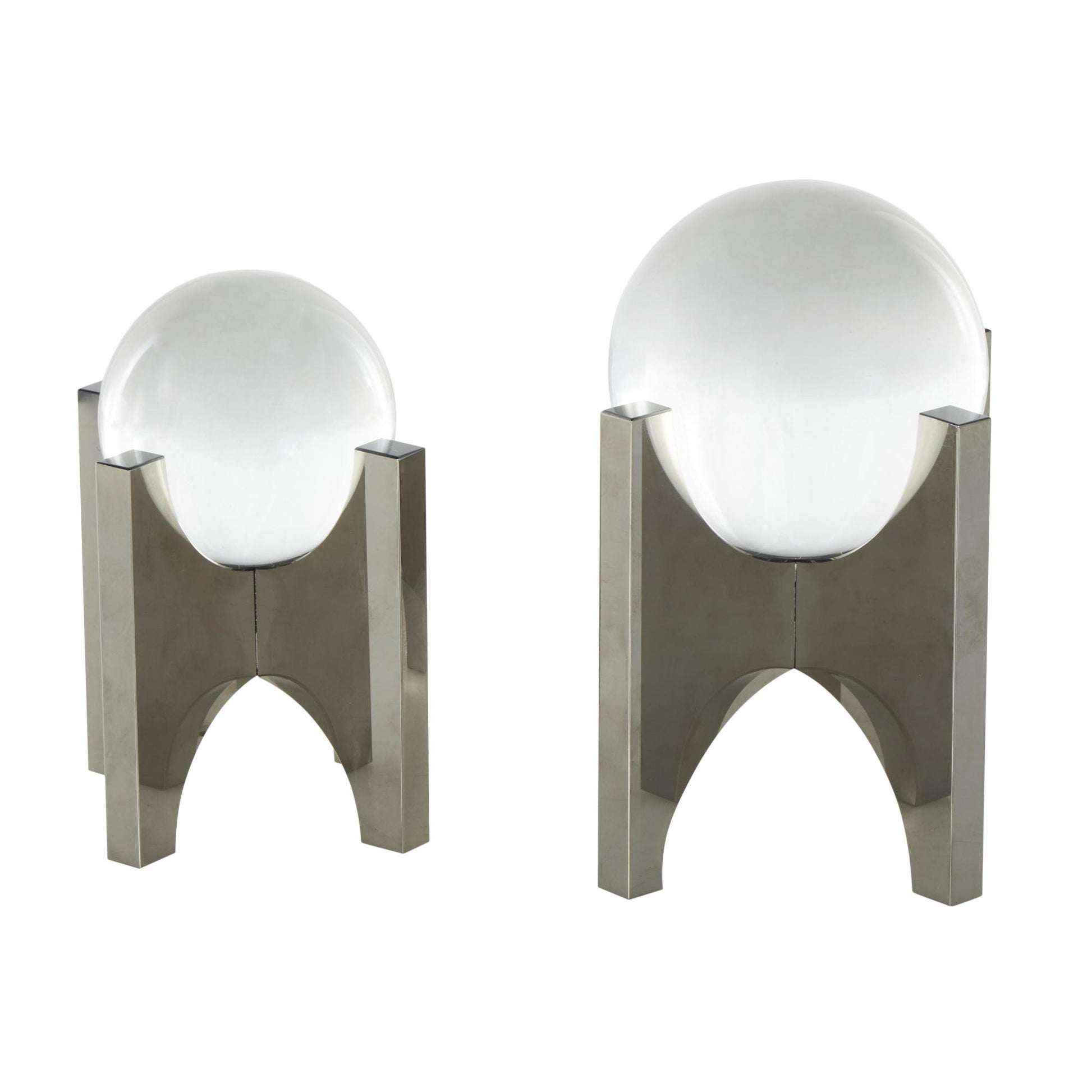 Geometric Silver Glass Orb Decorative Sculpture with Clear Orb and X-Shaped Holder