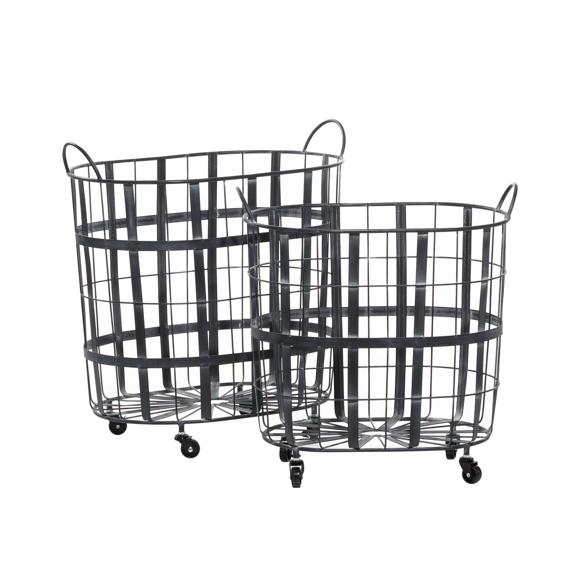 Set of 2 Black Metal Wire Grid Decorative and Functional Storage Basket with Wheels and Handles