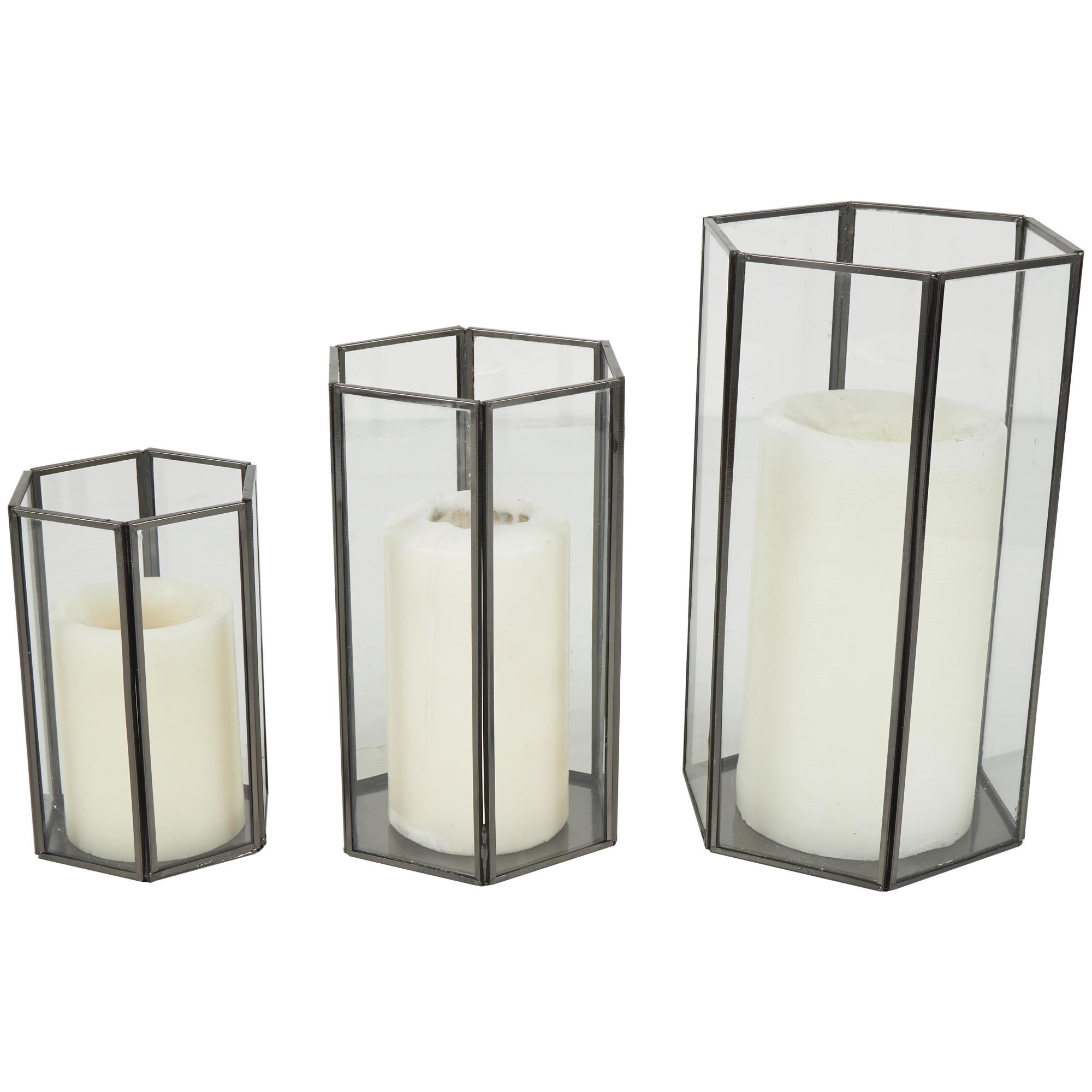 CosmoLiving by Cosmopolitan Set of 3 Geometric Clear Metal Hexagon Shaped Indoor Outdoor Candle Lantern with Clear Glass