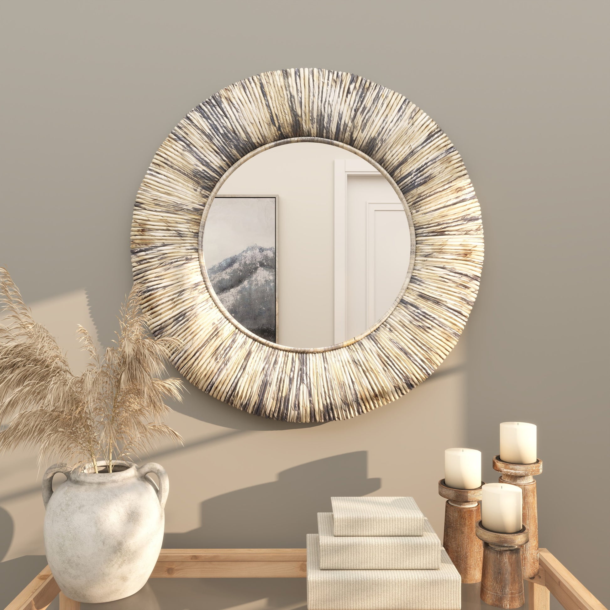 Beige Banana Leaf Room Wall Mirror with Coiled Frame and Blue Accents