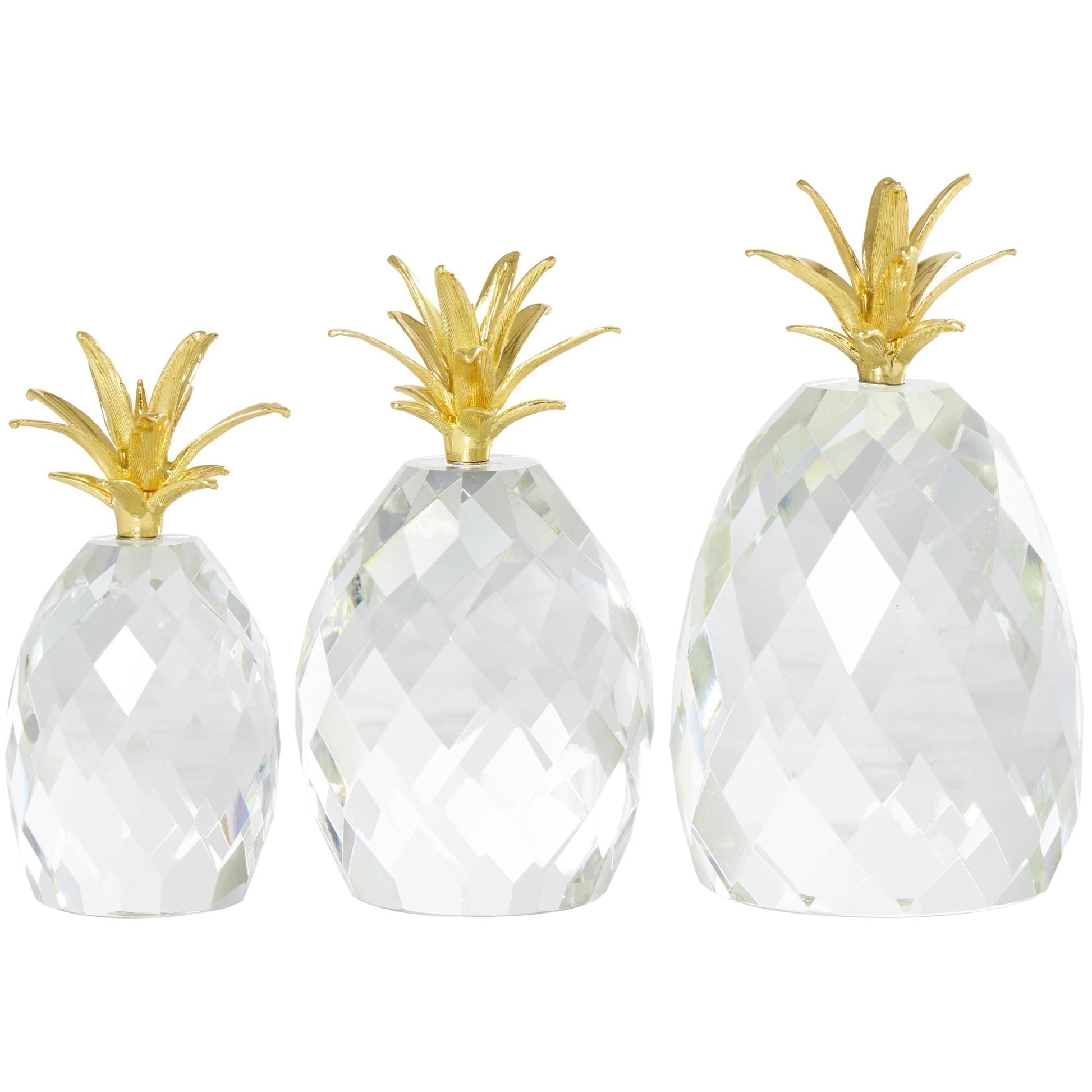 Set of 3 Fruit Clear Crystal Faceted Pineapple Decorative Sculpture with Gold Leaves