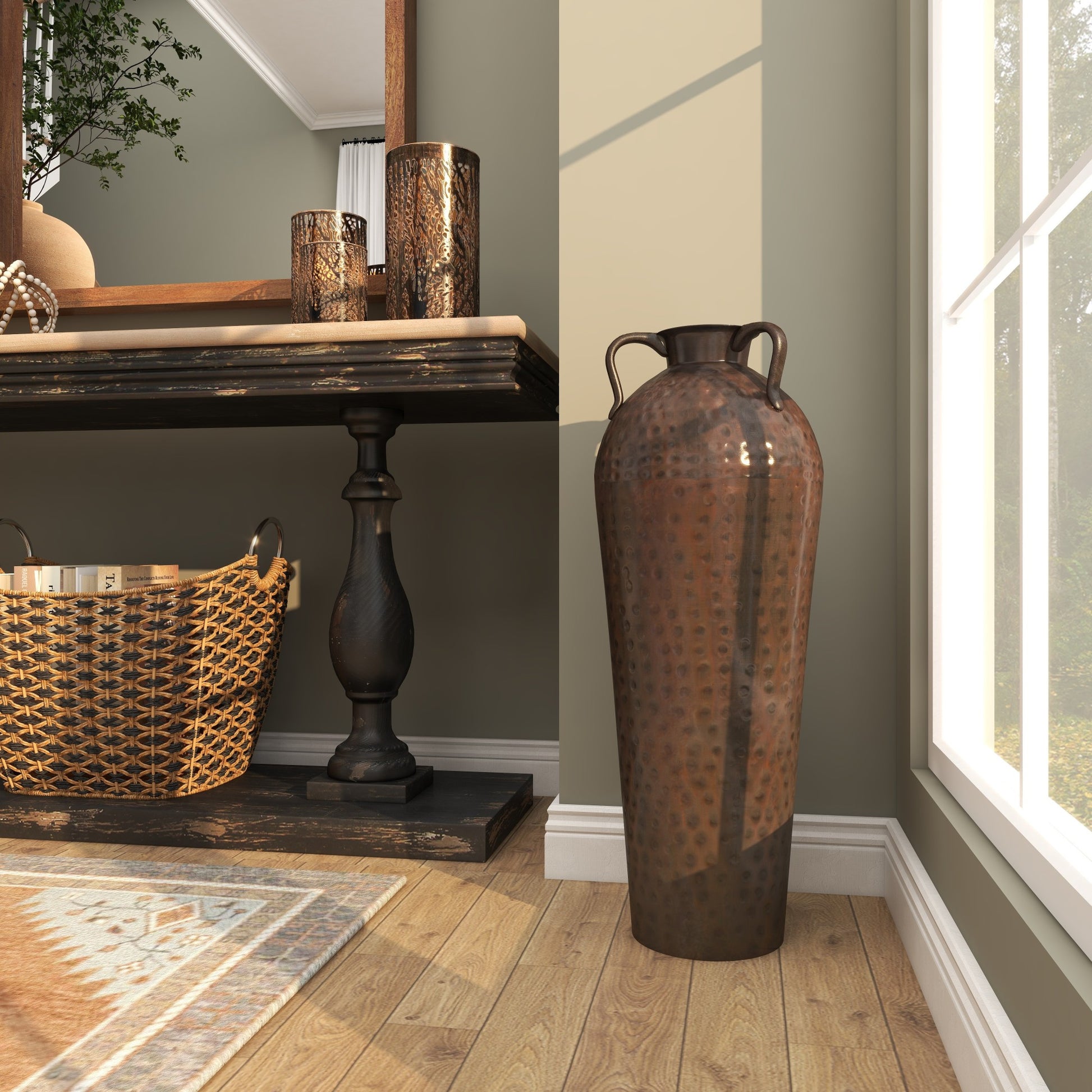 Brown Metal Tall Floor Mediterranean Style Decorative Vase with Hammered Details and Handles