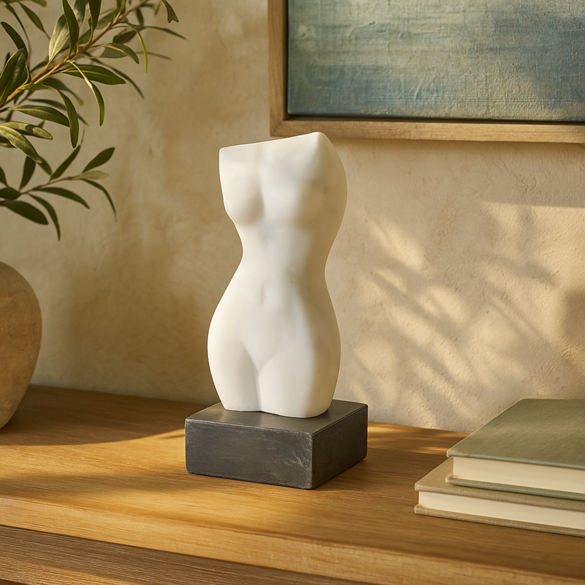 Woman White Marble Abstract Female Form Decorative Sculpture with Black Block Base