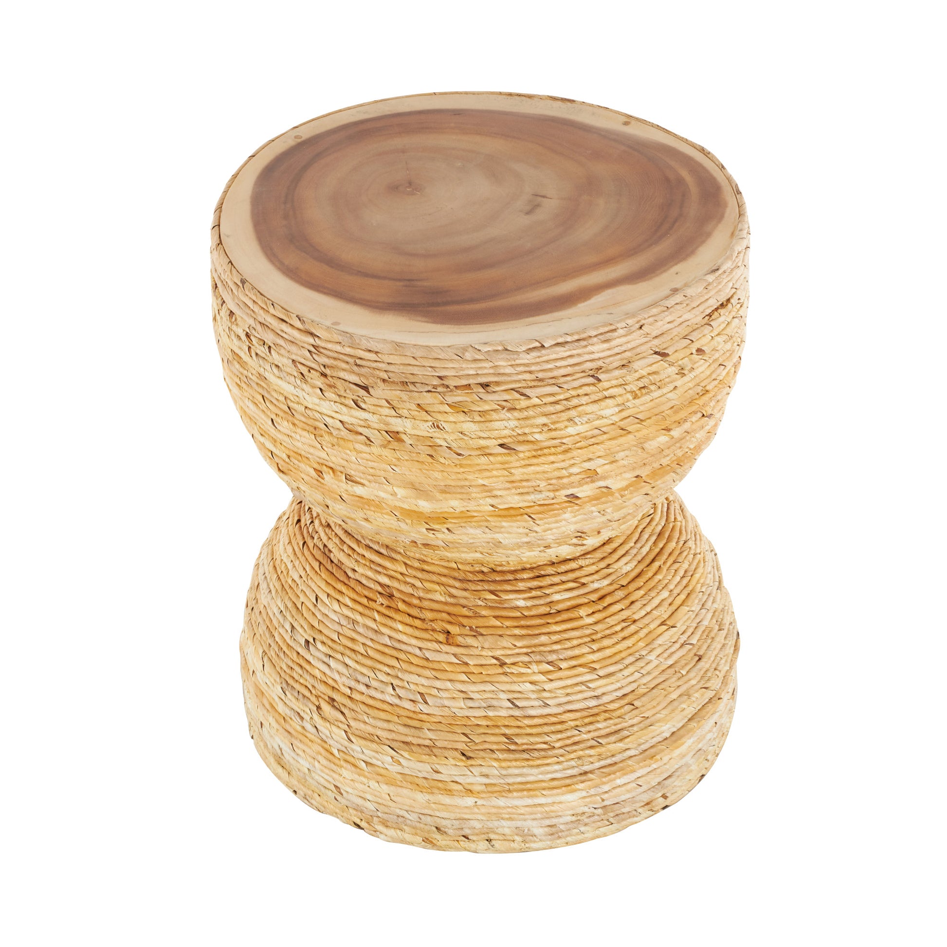 Light Brown Banana Leaf Handmade Woven Side End Accent Table with Wooden Tabletop