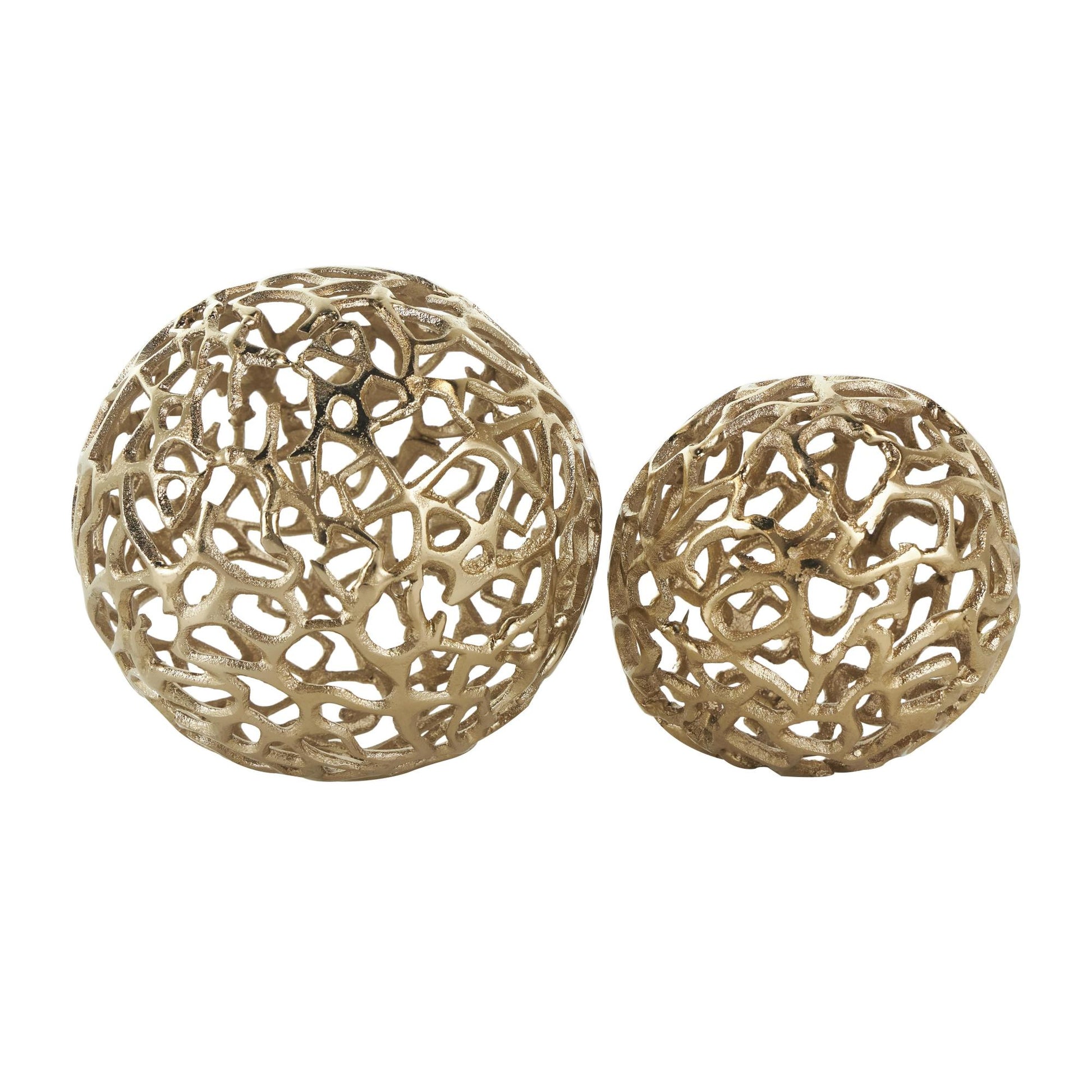 Set of 2 Coral Aluminum Metal Decorative Orbs & Vase Filler with Open Lattice Work