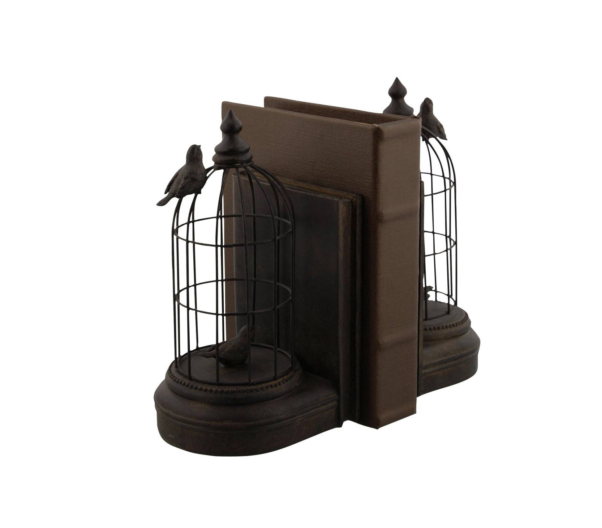 Set of 2 Bird Black Metal Decorative Bookends with Cages