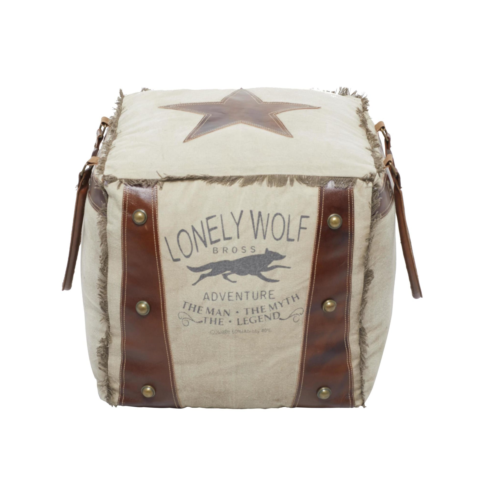 Star Canvas Stuffed Pouf with Leather Accents