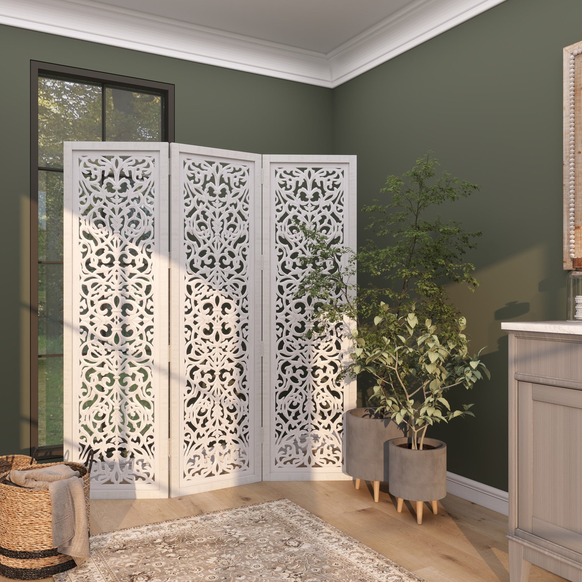 Floral White Wooden Handmade Foldable Partition 3 Panel Partition Room Divider Screen with Carved Design