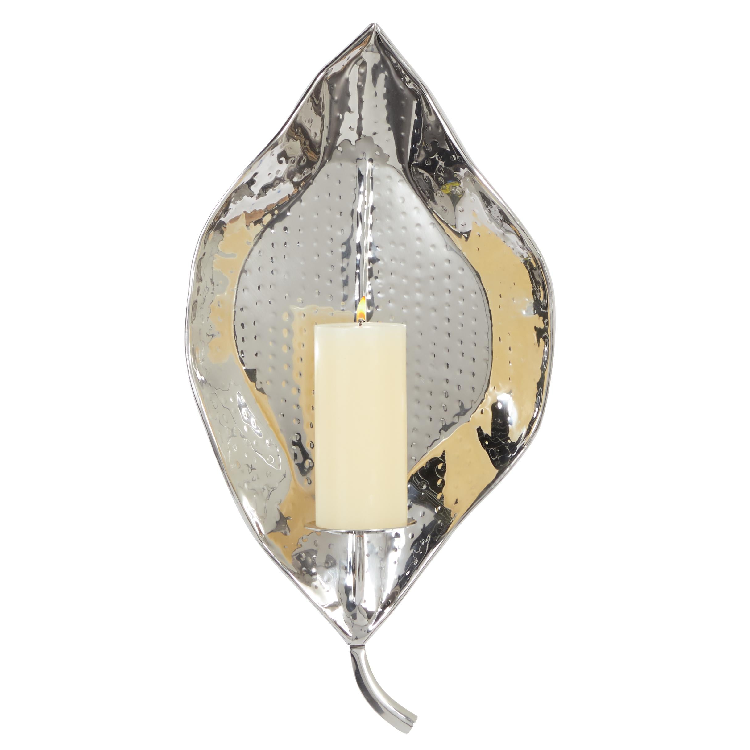 Leaf Silver Stainless Steel Metal Slim Single Candle Indoor Outdoor Wall Sconce with Hammered Design