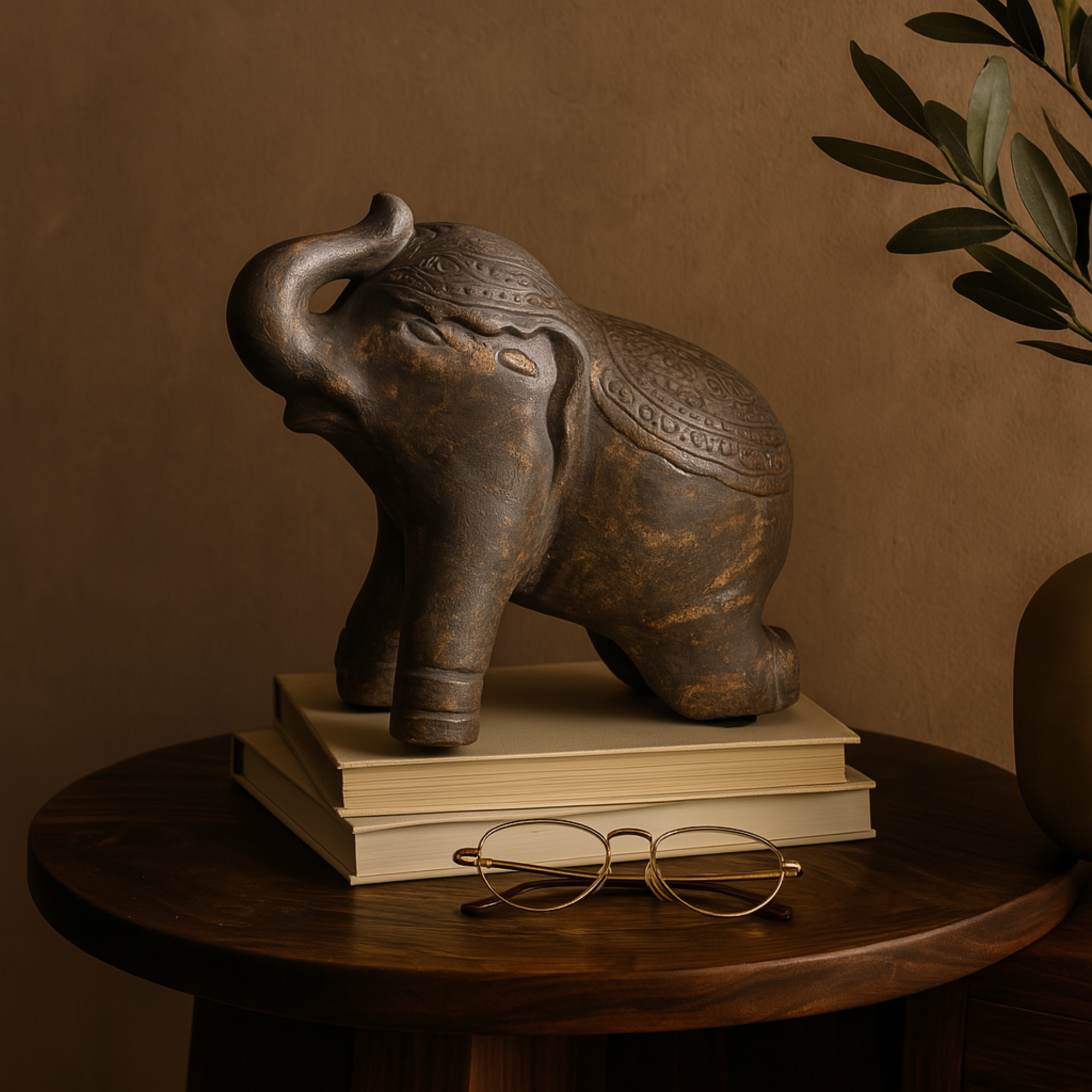 Elephant Dark Gray Paper Mache Handmade Distressed Carved Decorative Sculpture with Wood Inspired Accents