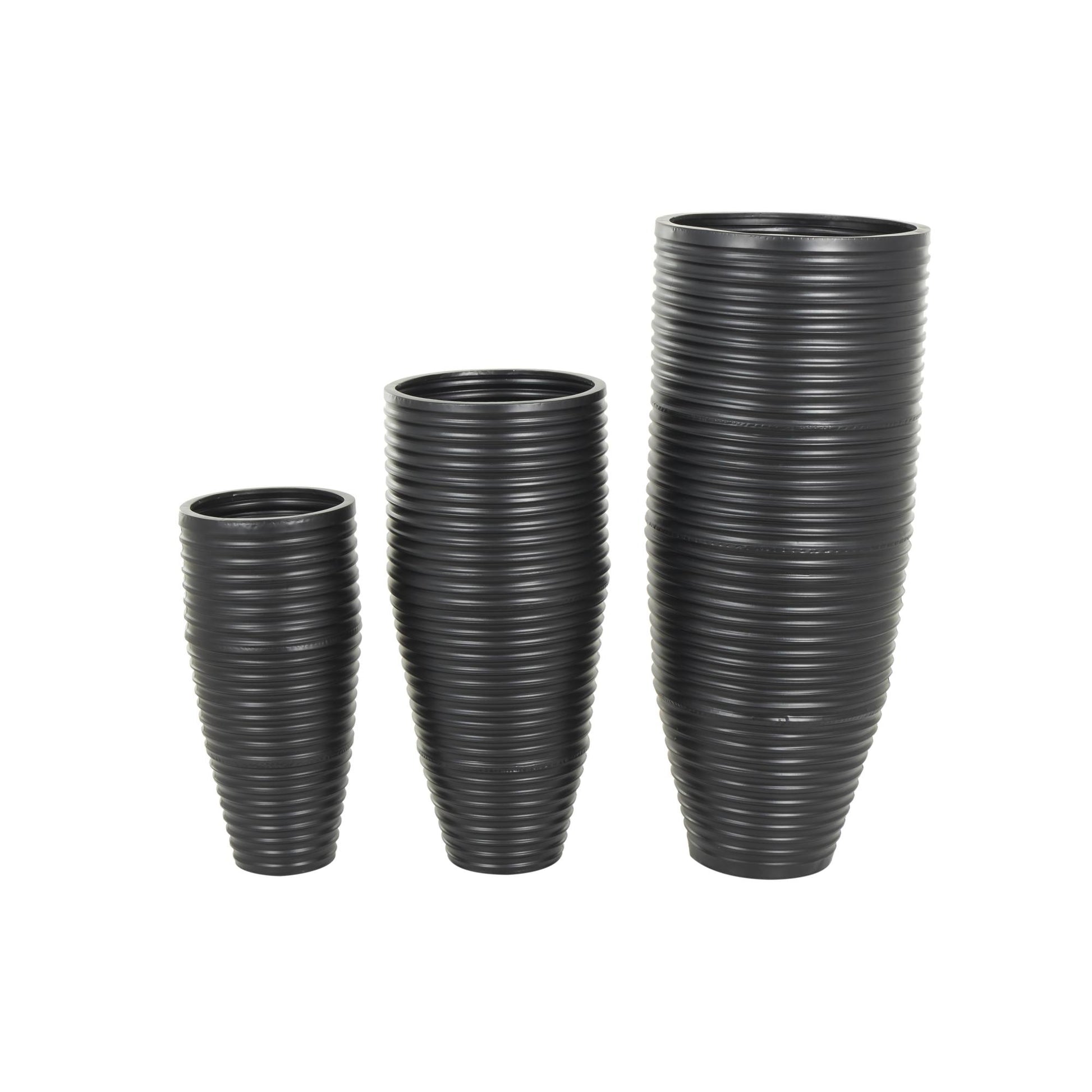 Set of 3 Black Metal Ribbed Tall Floor Decorative Vase with Horizontal Grooves