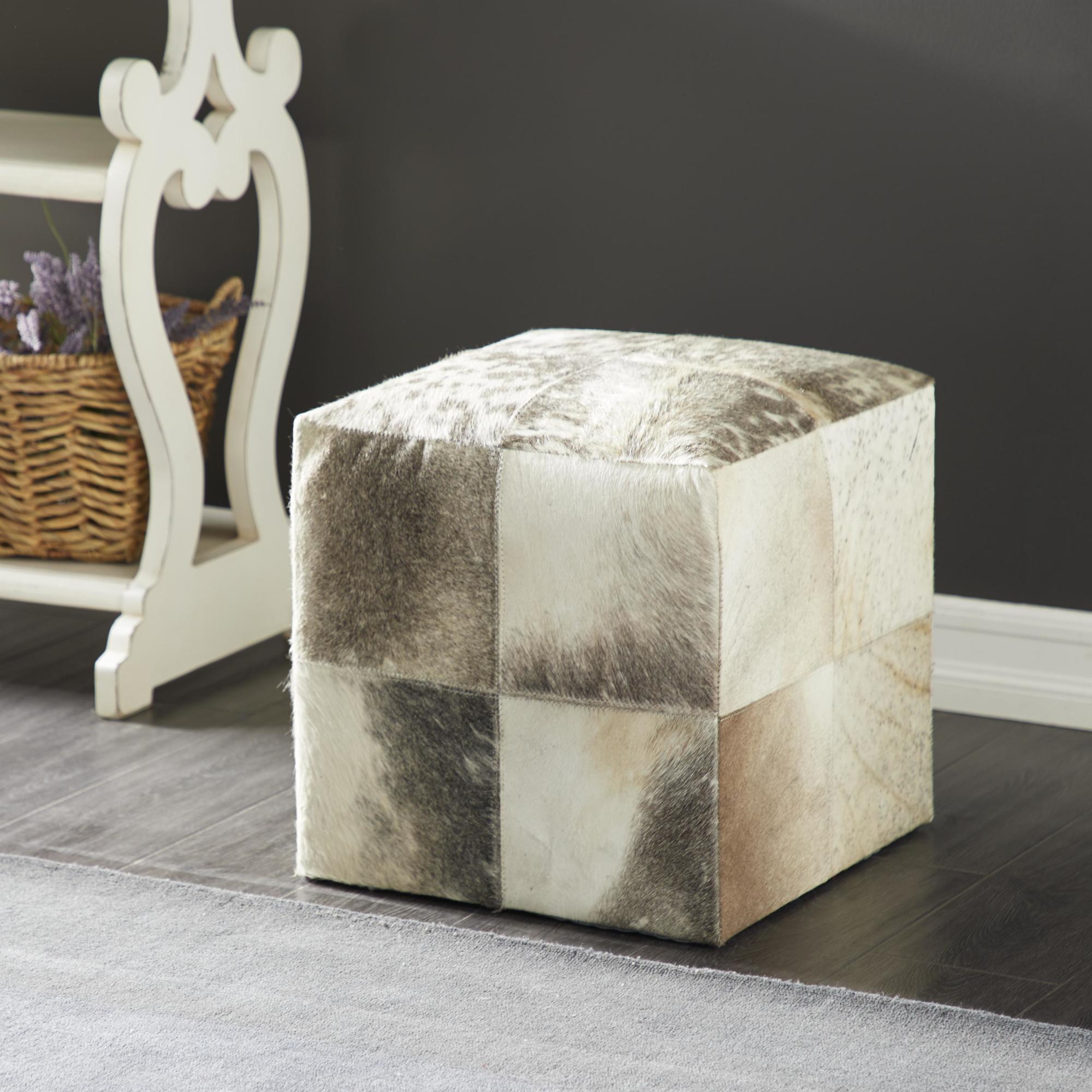 Leather Handmade Cowhide Living Room Stool with Patchwork Pattern