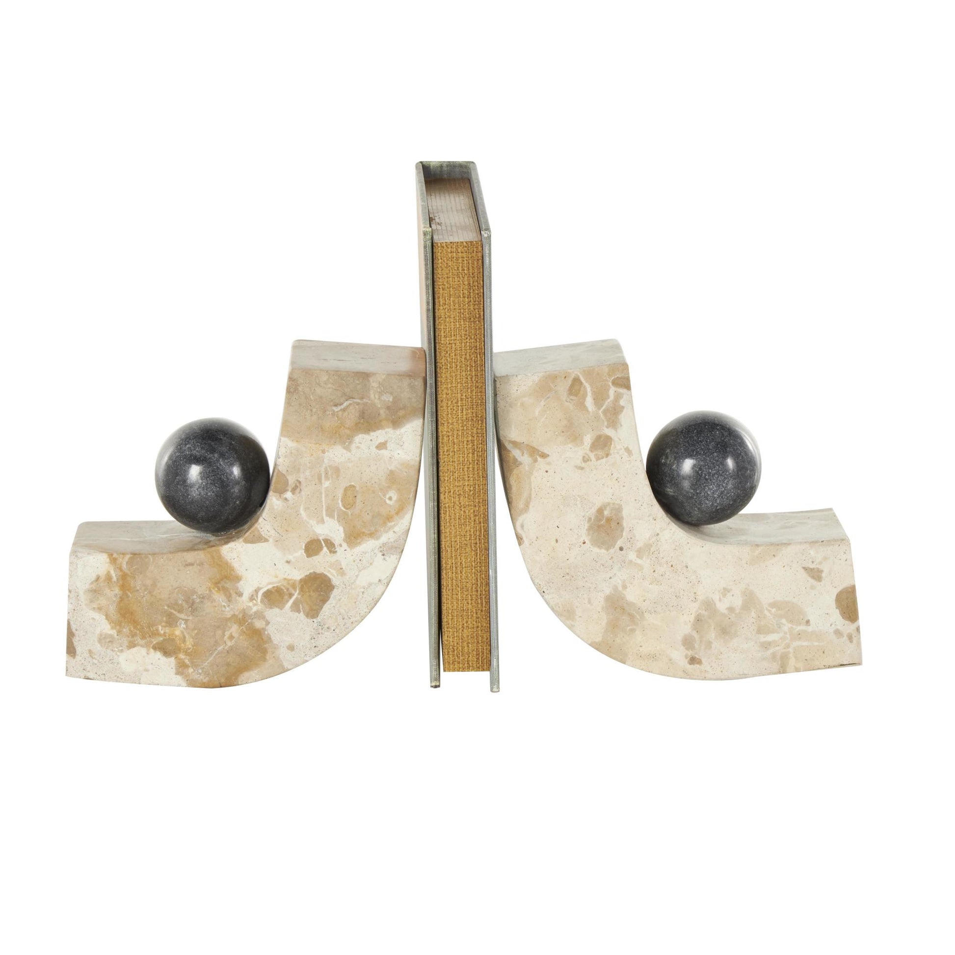 Set of 2 Brown Marble Arched Curved Decorative Bookends with Black Orbs