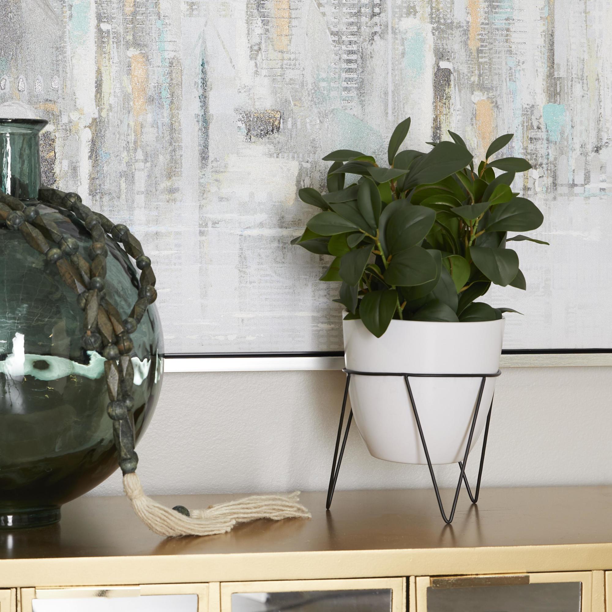 Eucalyptus Green Faux Foliage Indoor Outdoor Artificial Plant with Realistic Leaves and Metal Stand and White Pot