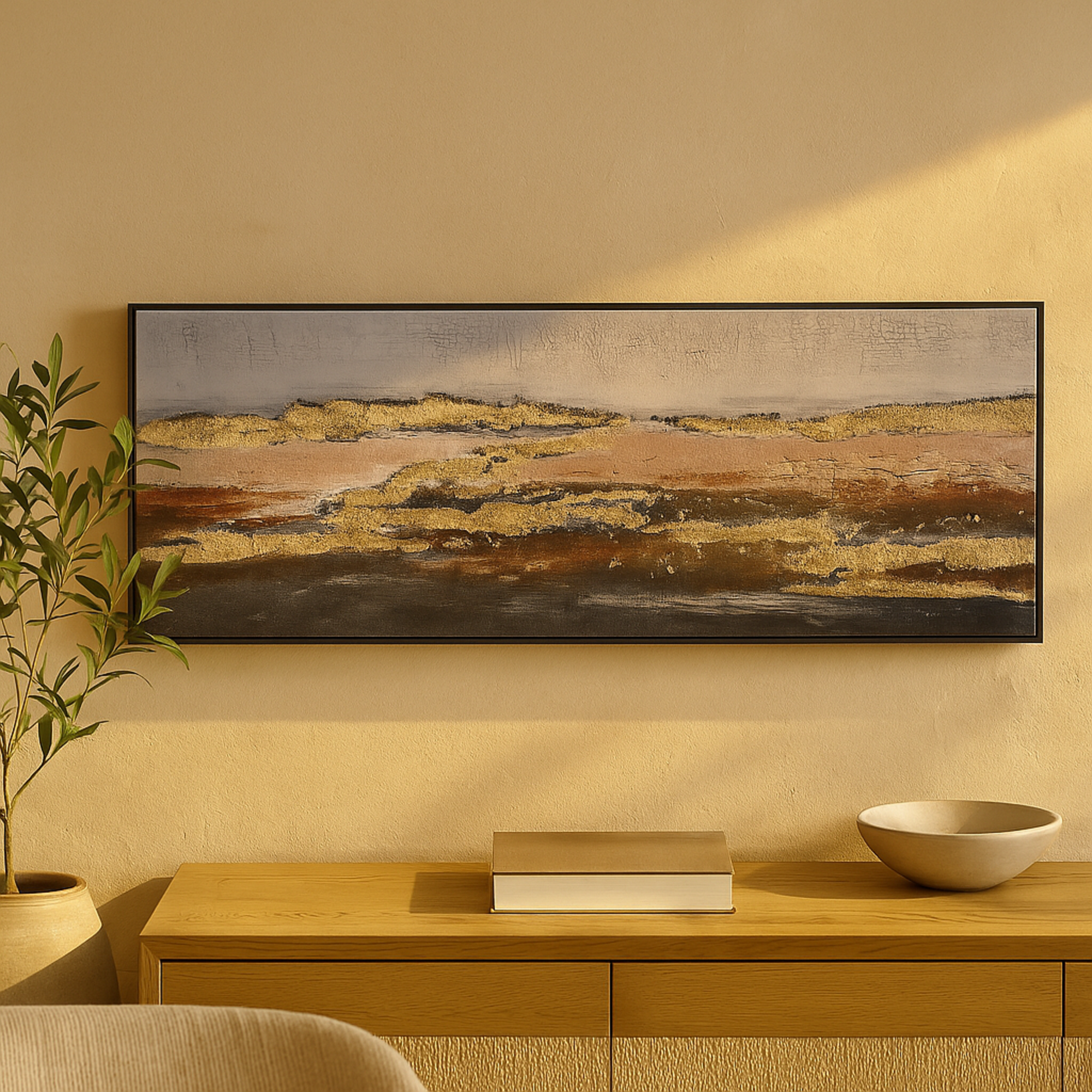 Geode Gold Canvas Foiled and Brushstrokes Living Room Framed Wall Art with Gold Frame