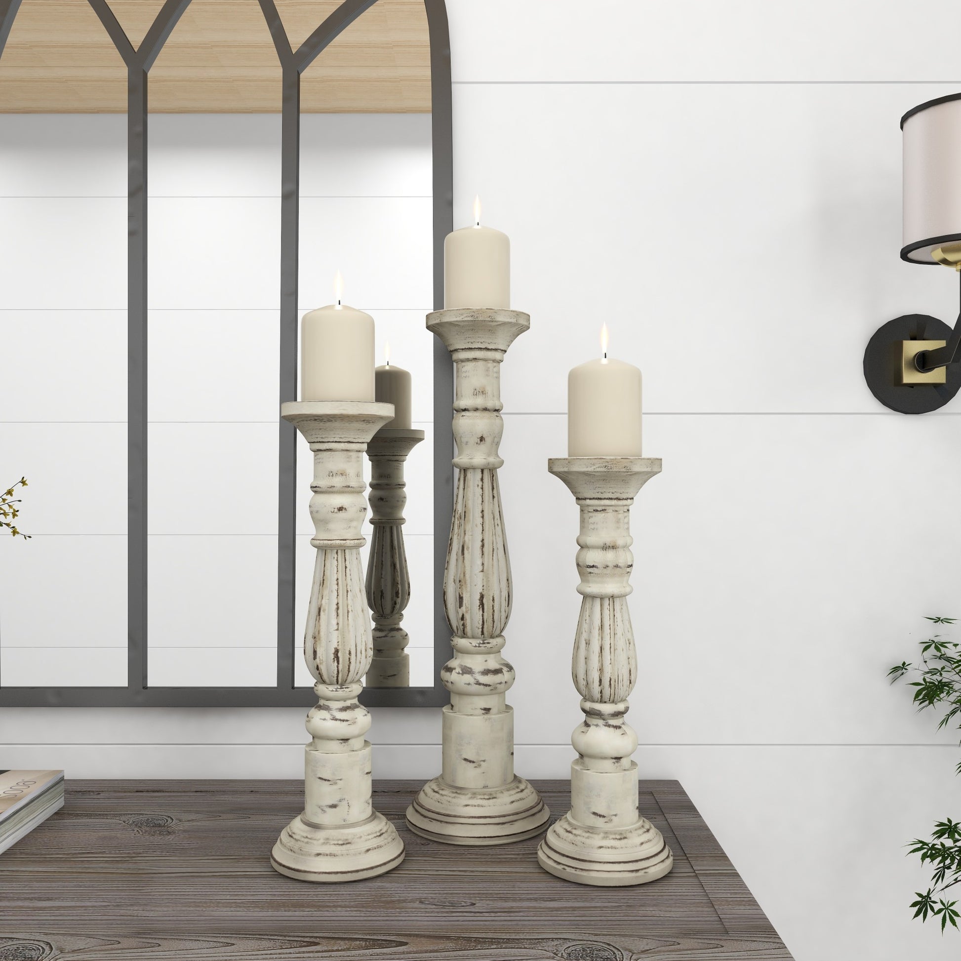 Set of 3 White Mango Wood Tall Distressed Turned Decorative Candle Holder